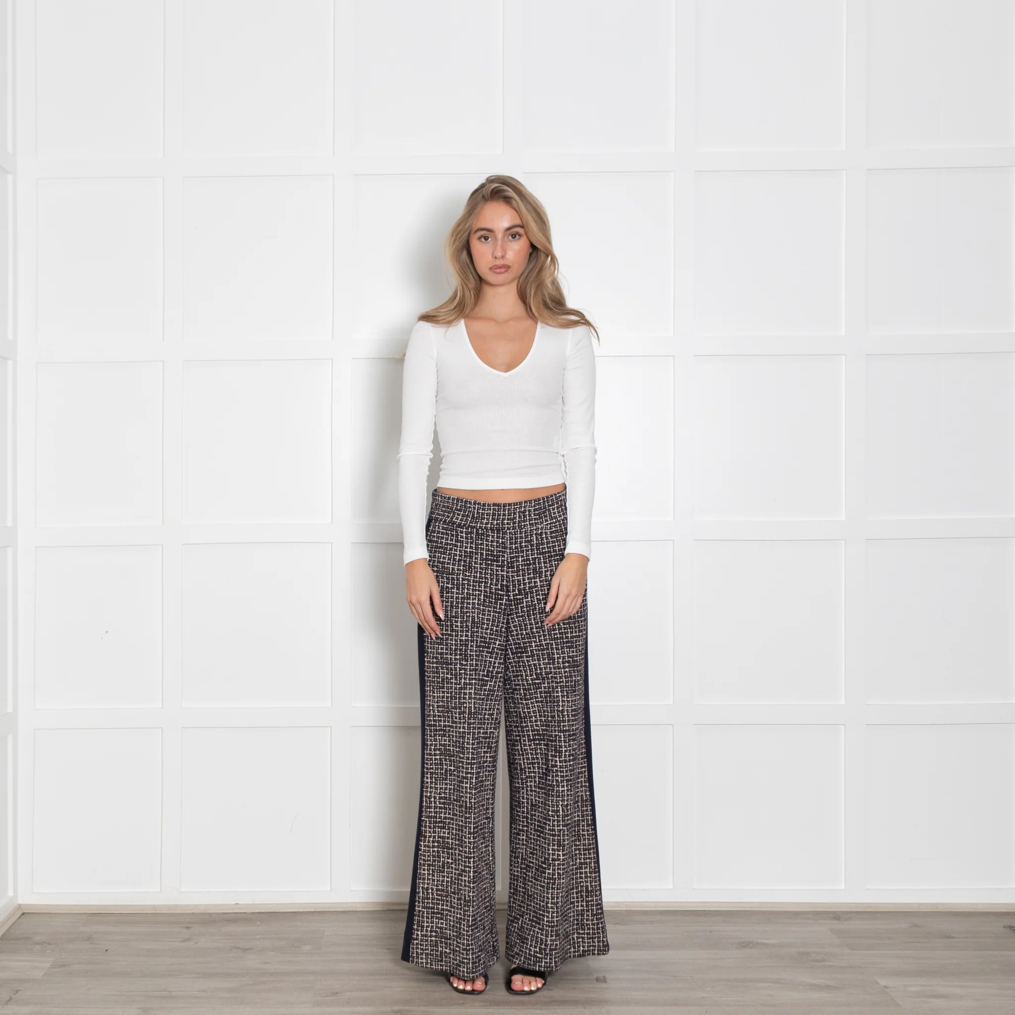 Me+Em Navy Cream Gold Lurex Tweedy Side Stripe Wide LegTrousers