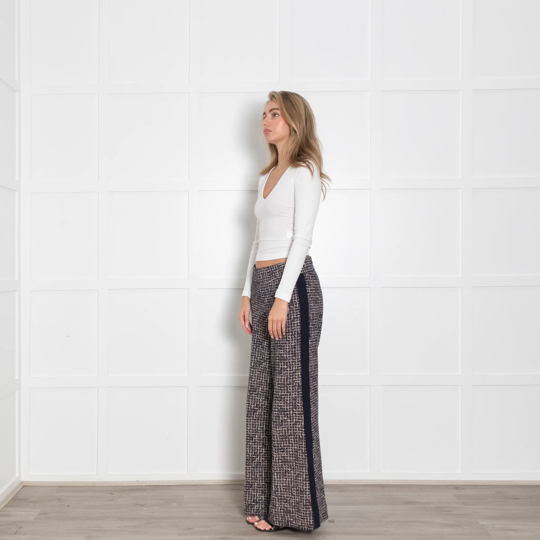 Me+Em Navy Cream Gold Lurex Tweedy Side Stripe Wide LegTrousers - Image 3