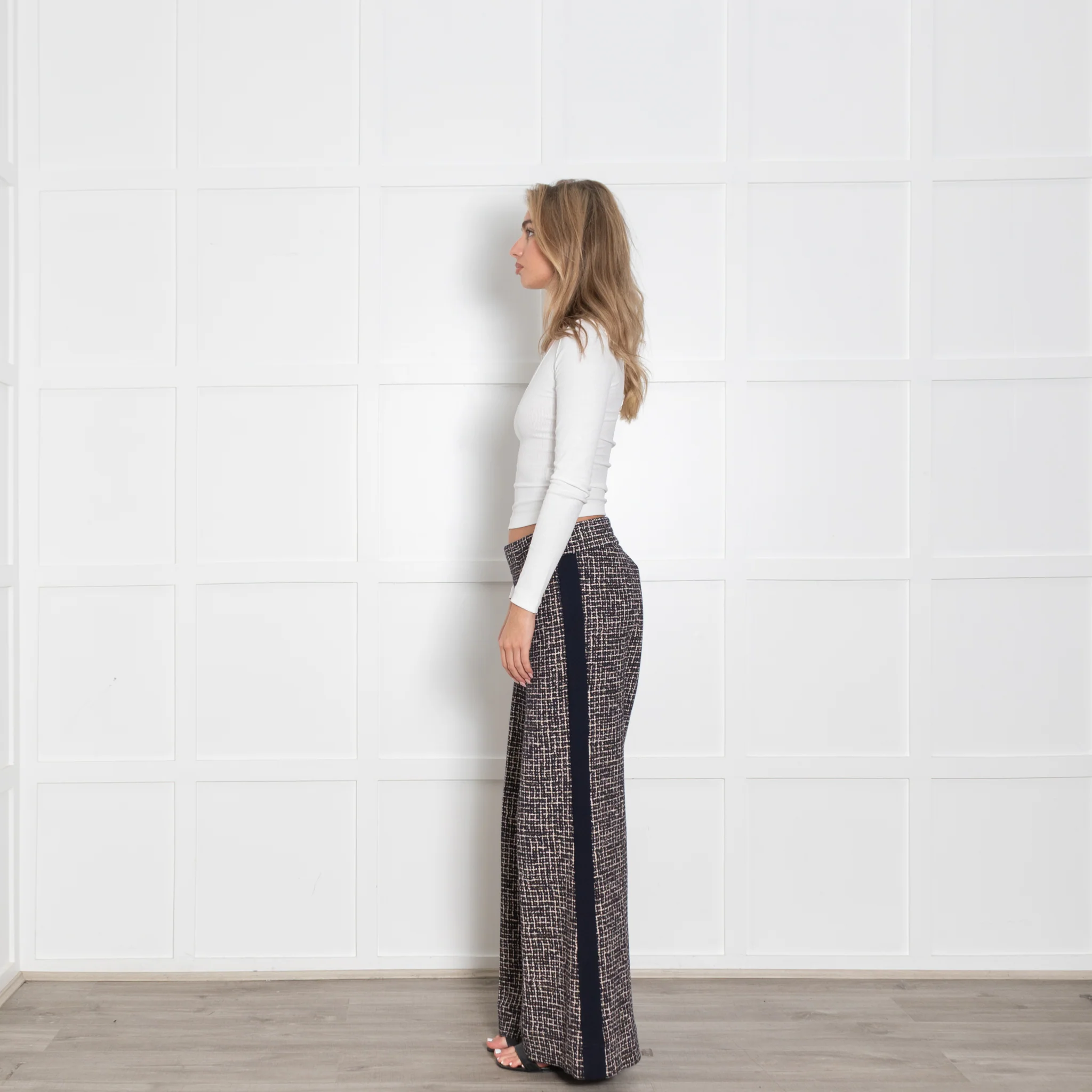 Me+Em Navy Cream Gold Lurex Tweedy Side Stripe Wide LegTrousers - Image 4