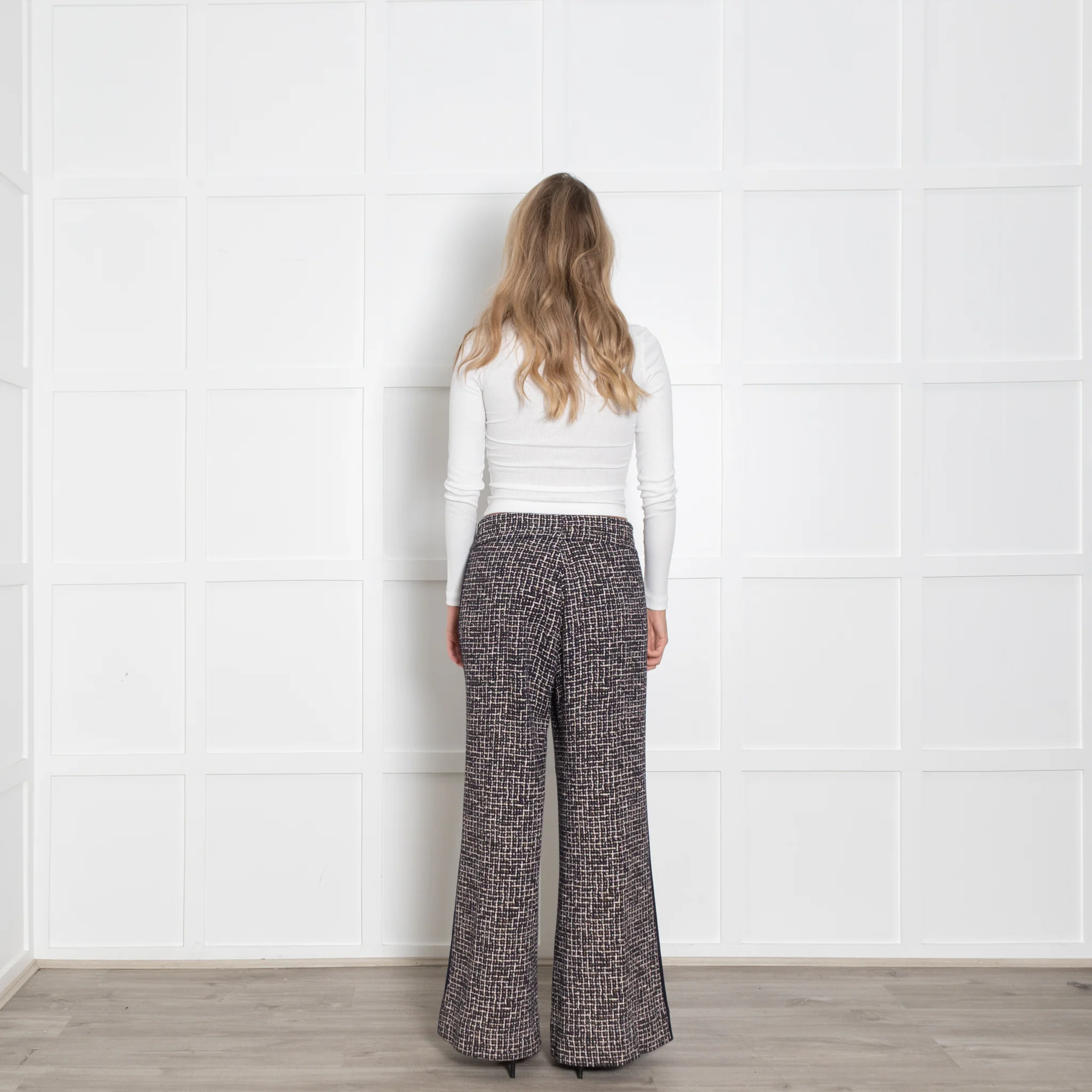 Me+Em Navy Cream Gold Lurex Tweedy Side Stripe Wide LegTrousers - Image 5