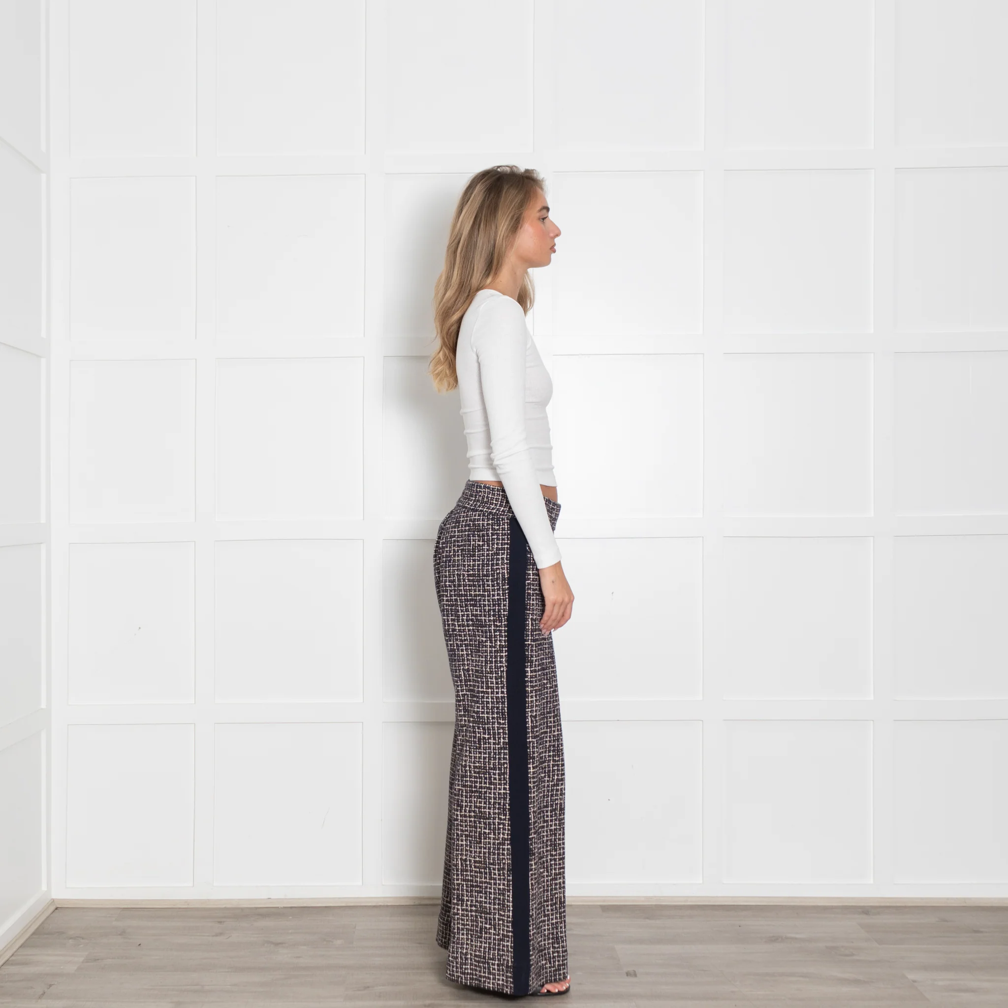 Me+Em Navy Cream Gold Lurex Tweedy Side Stripe Wide LegTrousers - Image 6