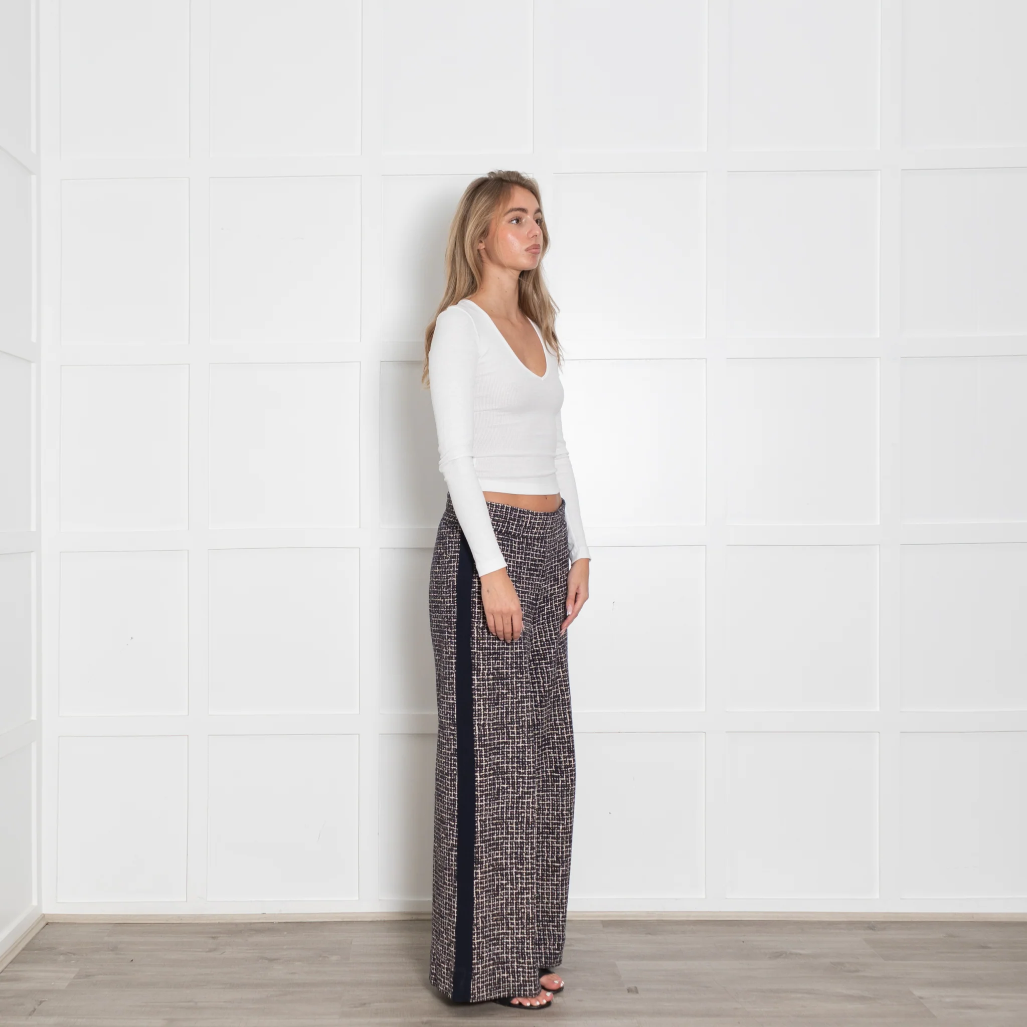Me+Em Navy Cream Gold Lurex Tweedy Side Stripe Wide LegTrousers - Image 7