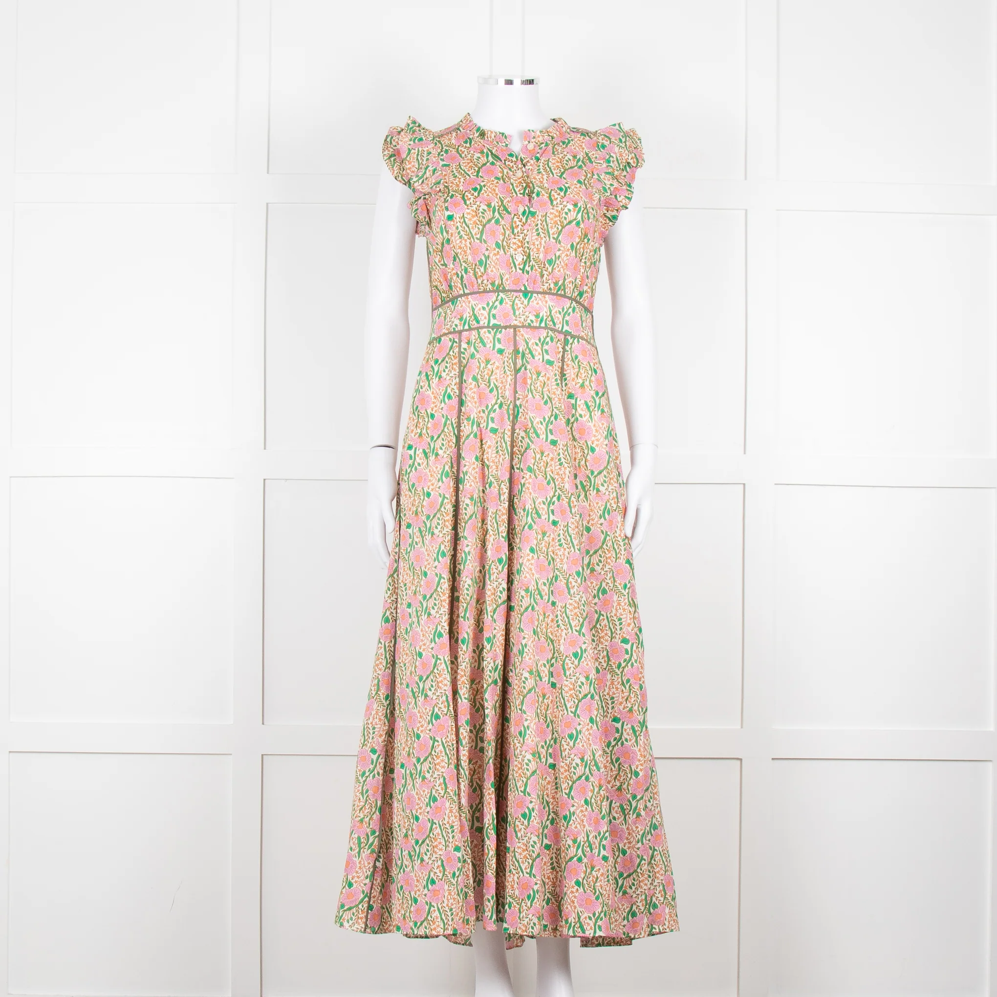 Me + Em Pink Green Orange Cotton Floral Ruffle Trim Sleeveless Max Dress