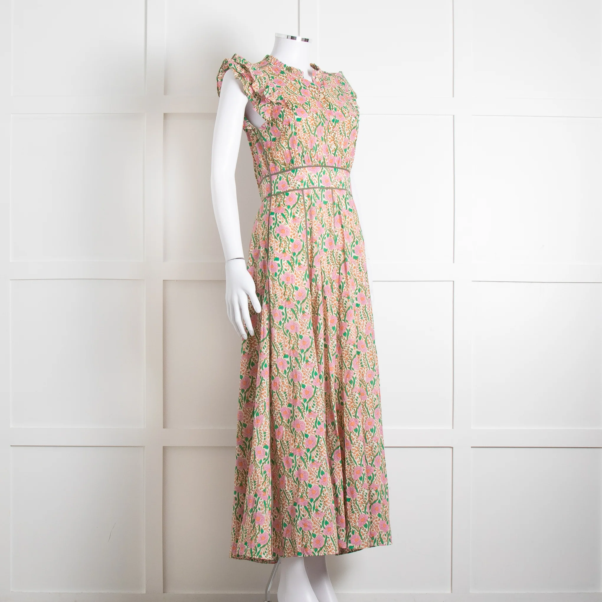 Me + Em Pink Green Orange Cotton Floral Ruffle Trim Sleeveless Max Dress - Image 2