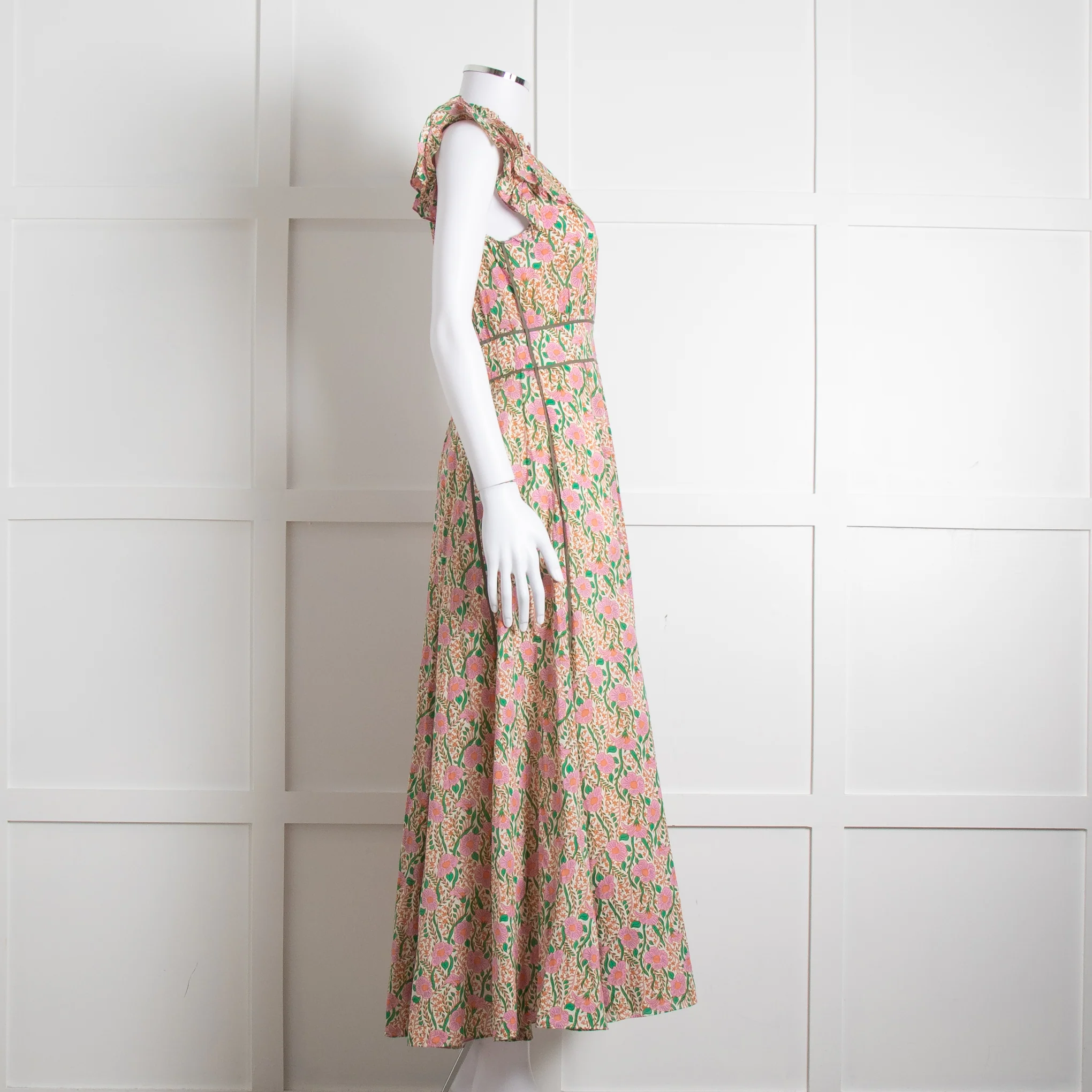 Me + Em Pink Green Orange Cotton Floral Ruffle Trim Sleeveless Max Dress - Image 3