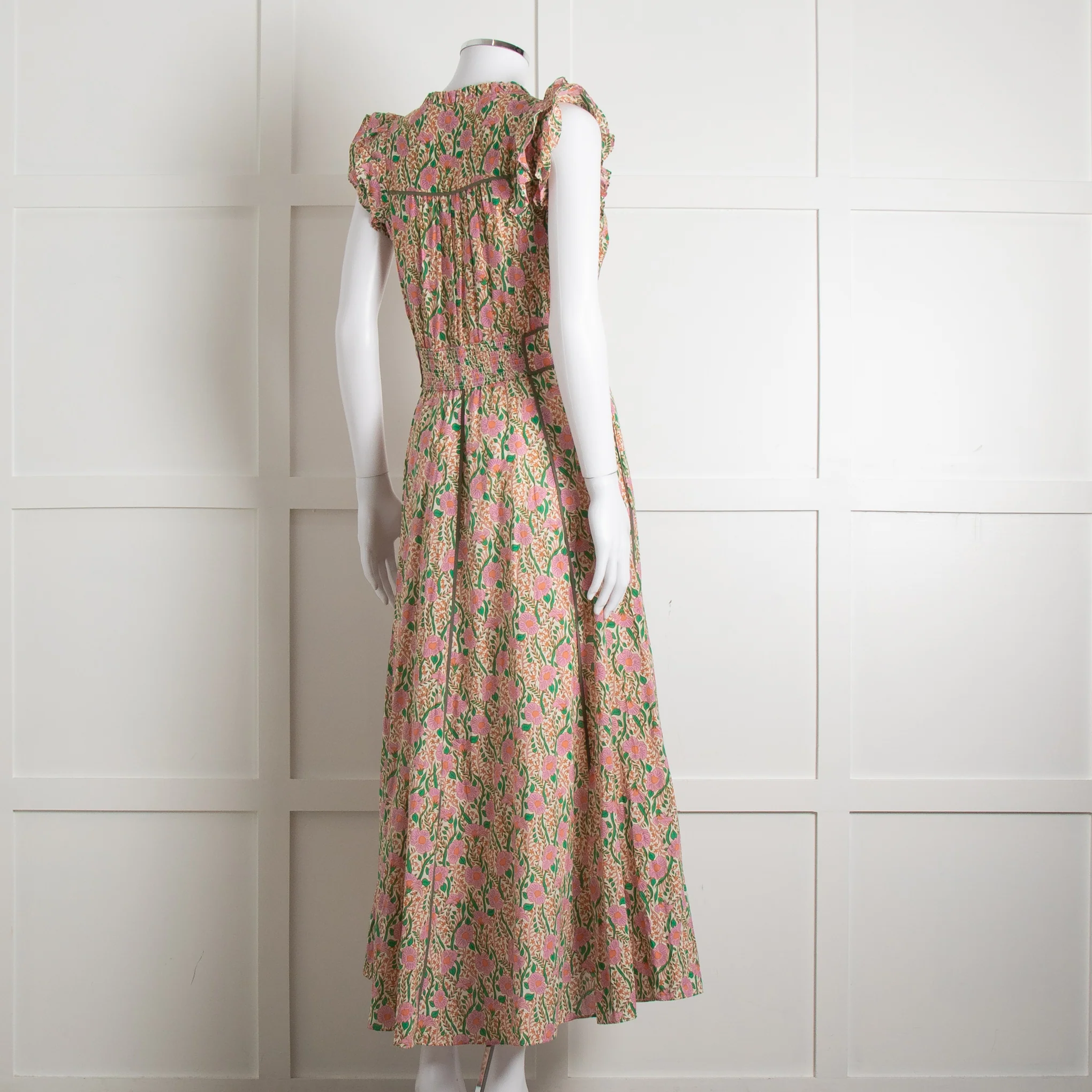 Me + Em Pink Green Orange Cotton Floral Ruffle Trim Sleeveless Max Dress - Image 4