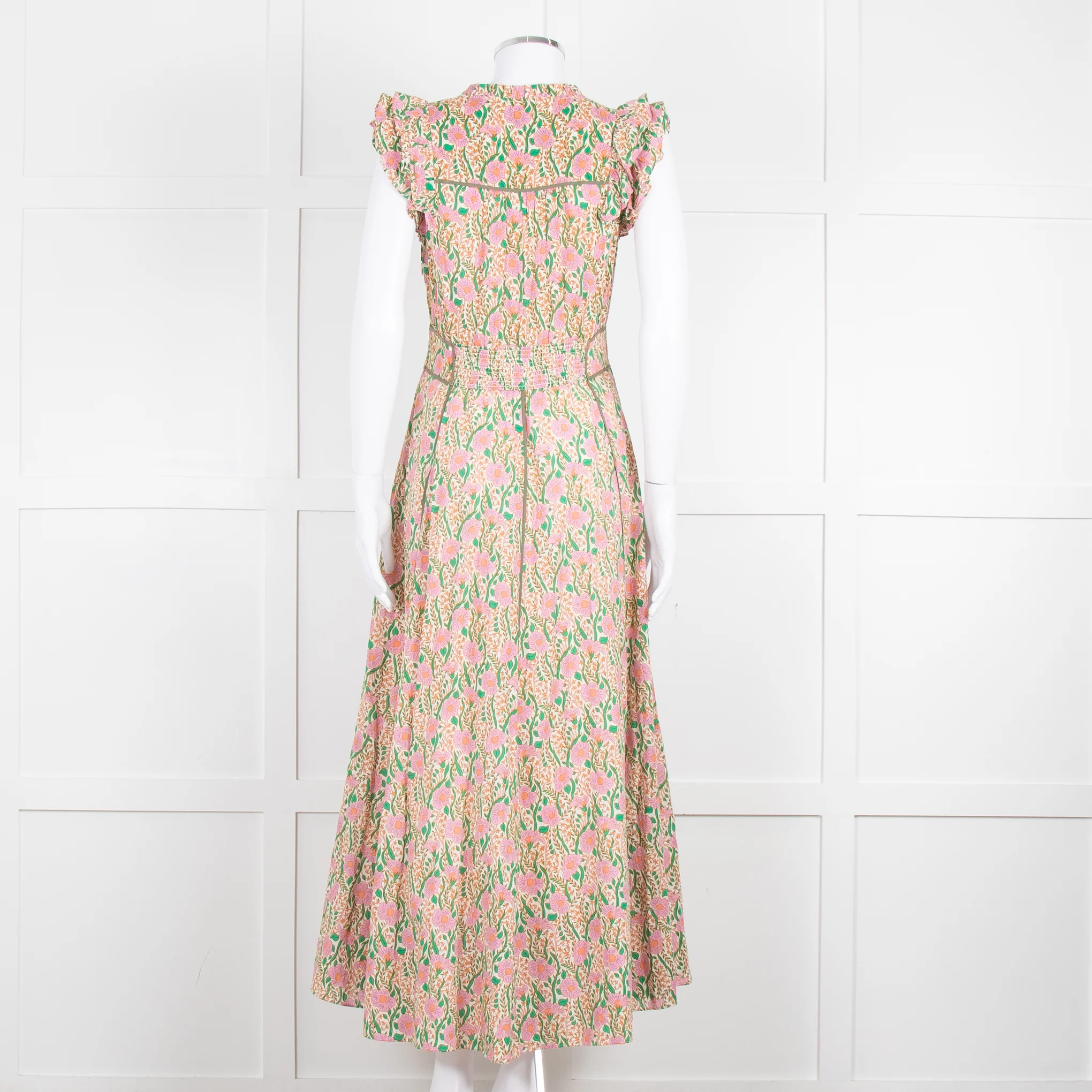 Me + Em Pink Green Orange Cotton Floral Ruffle Trim Sleeveless Max Dress - Image 5