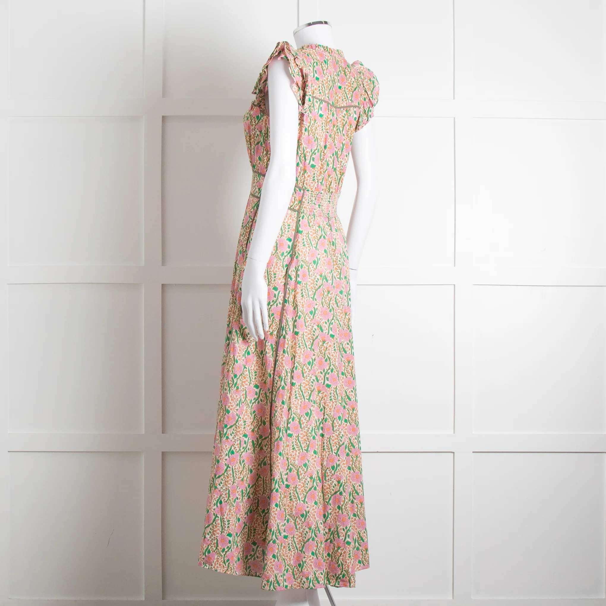 Me + Em Pink Green Orange Cotton Floral Ruffle Trim Sleeveless Max Dress - Image 6
