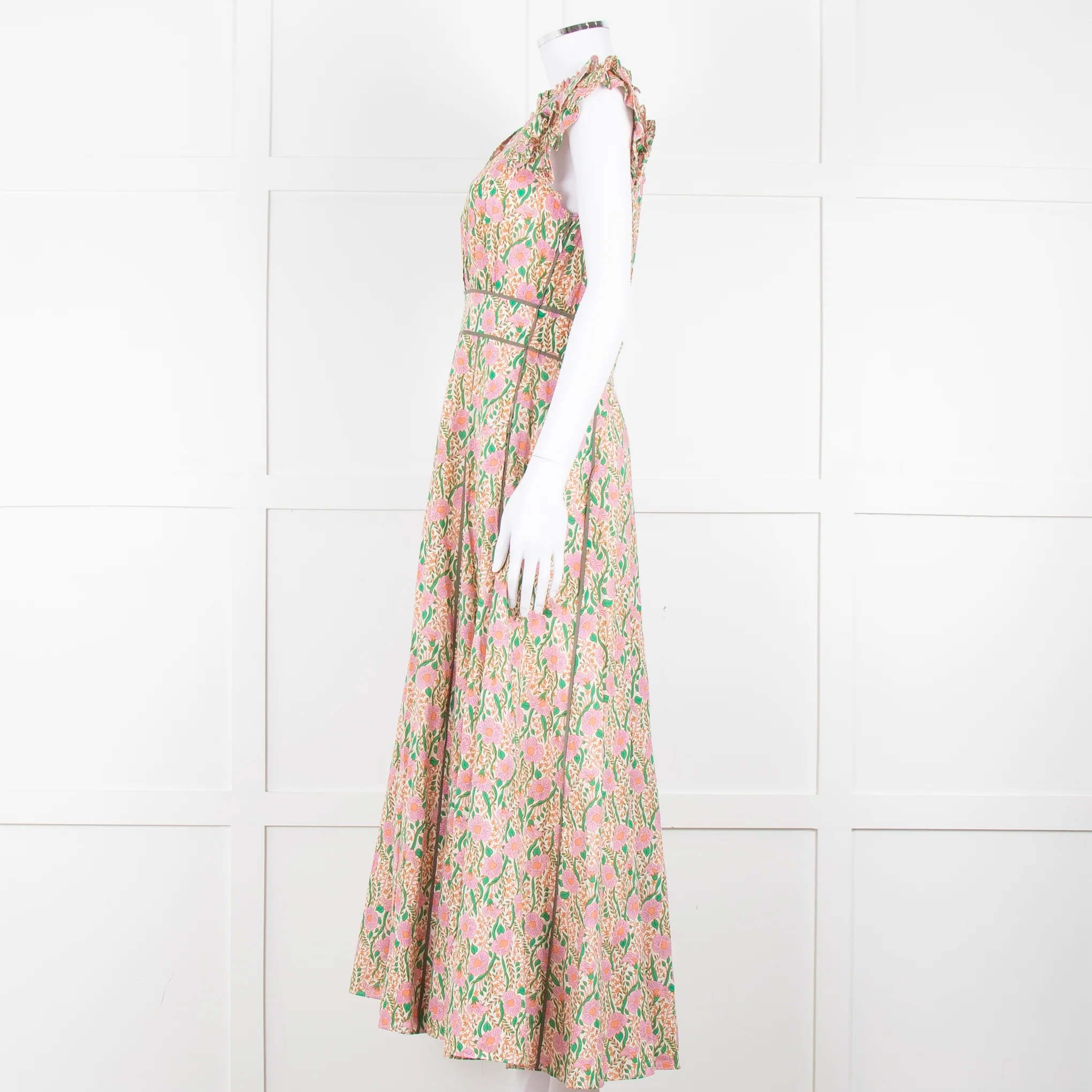 Me + Em Pink Green Orange Cotton Floral Ruffle Trim Sleeveless Max Dress - Image 7