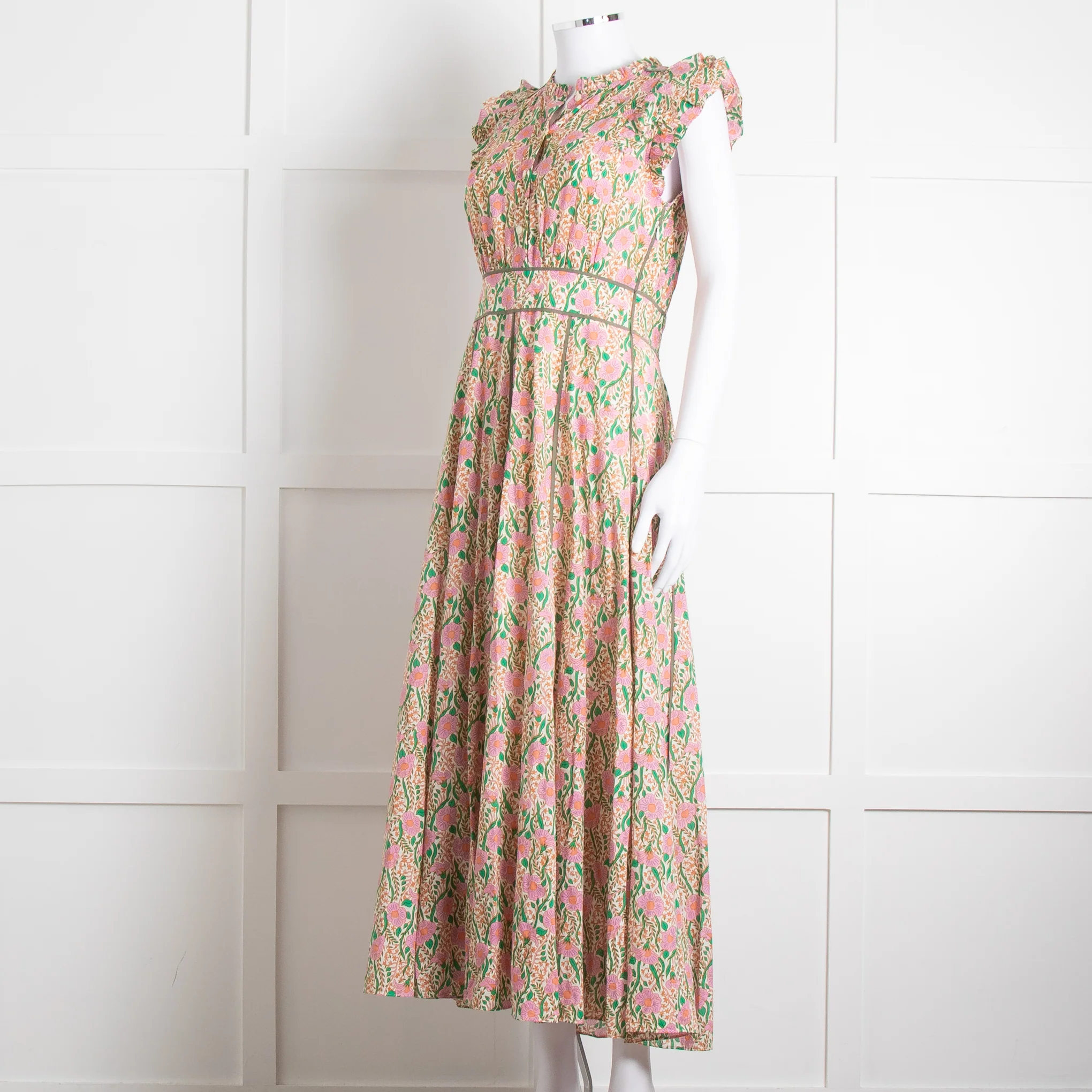 Me + Em Pink Green Orange Cotton Floral Ruffle Trim Sleeveless Max Dress - Image 8