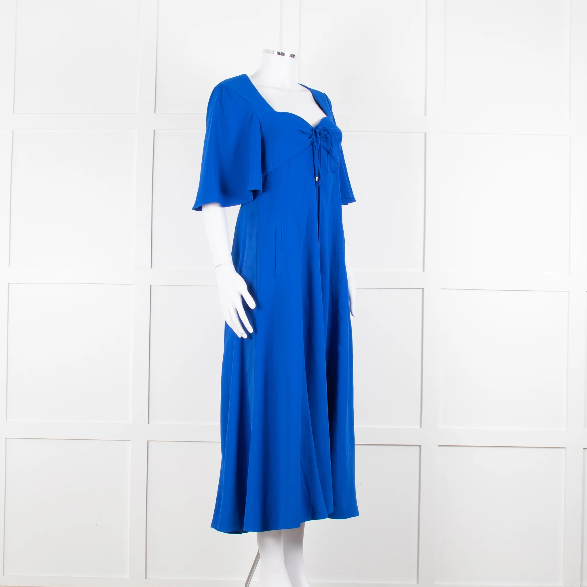 Me + Em Royal Blue Crepe Angel Sleeve Satin Side Detail Long Dress - Image 2