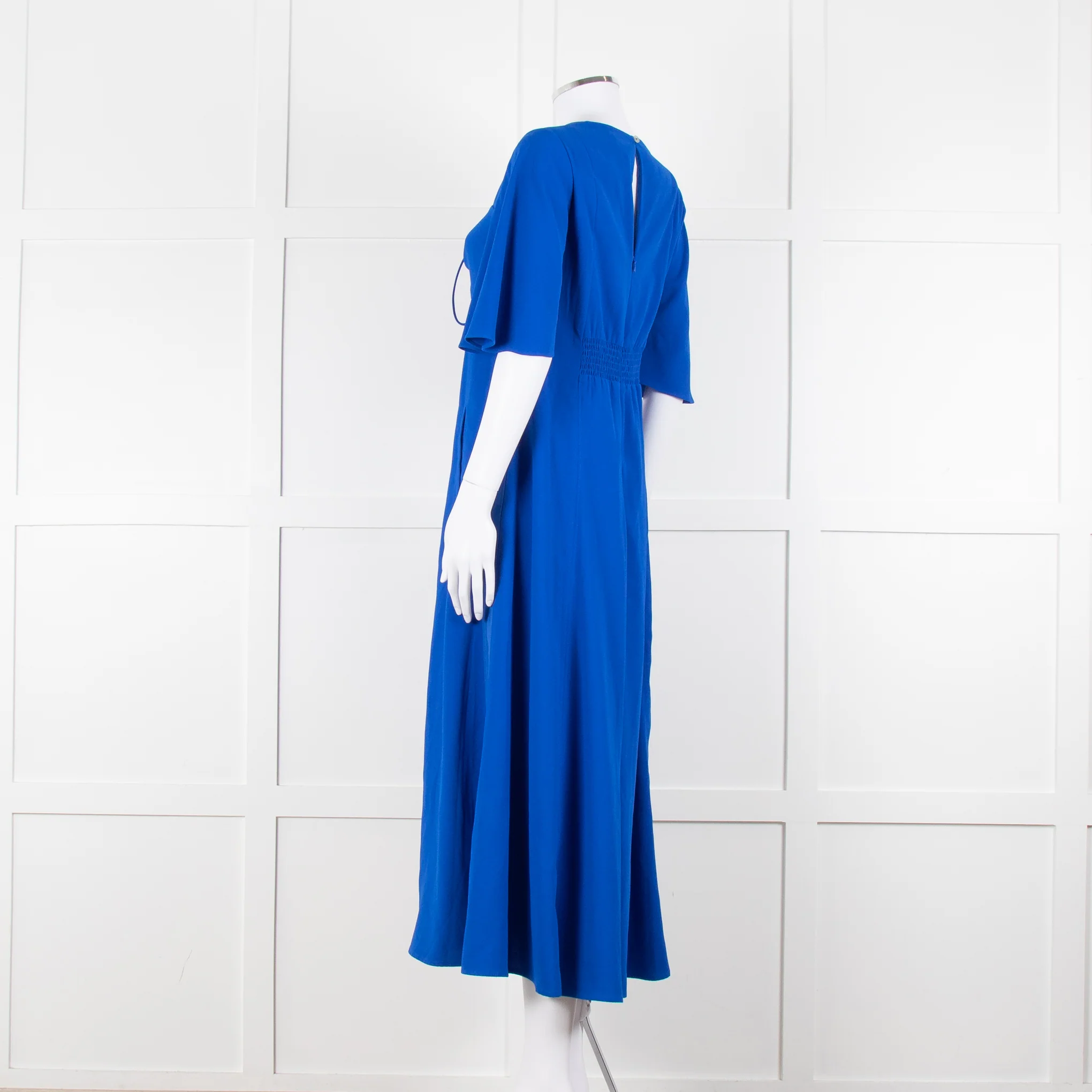 Me + Em Royal Blue Crepe Angel Sleeve Satin Side Detail Long Dress - Image 6