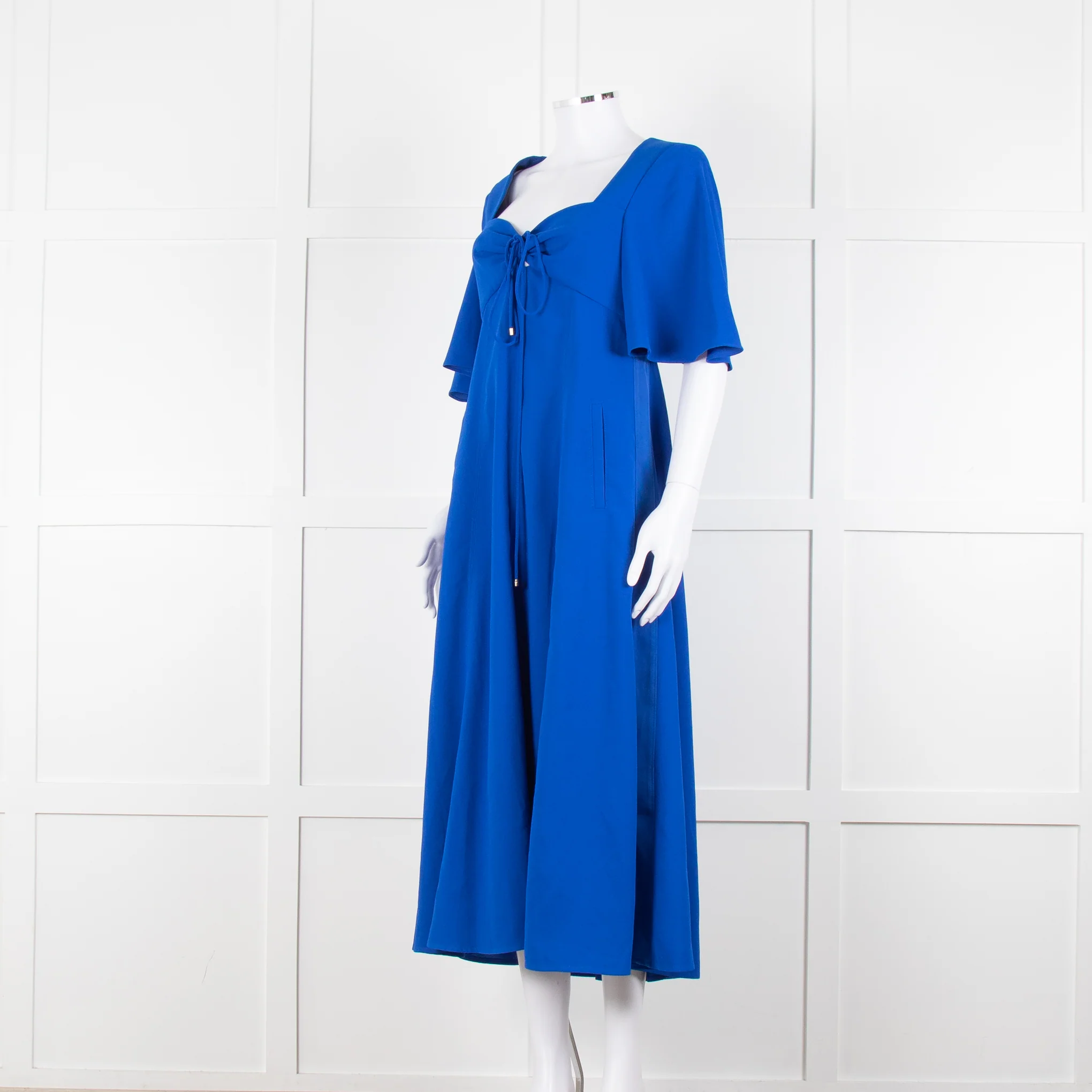 Me + Em Royal Blue Crepe Angel Sleeve Satin Side Detail Long Dress - Image 8