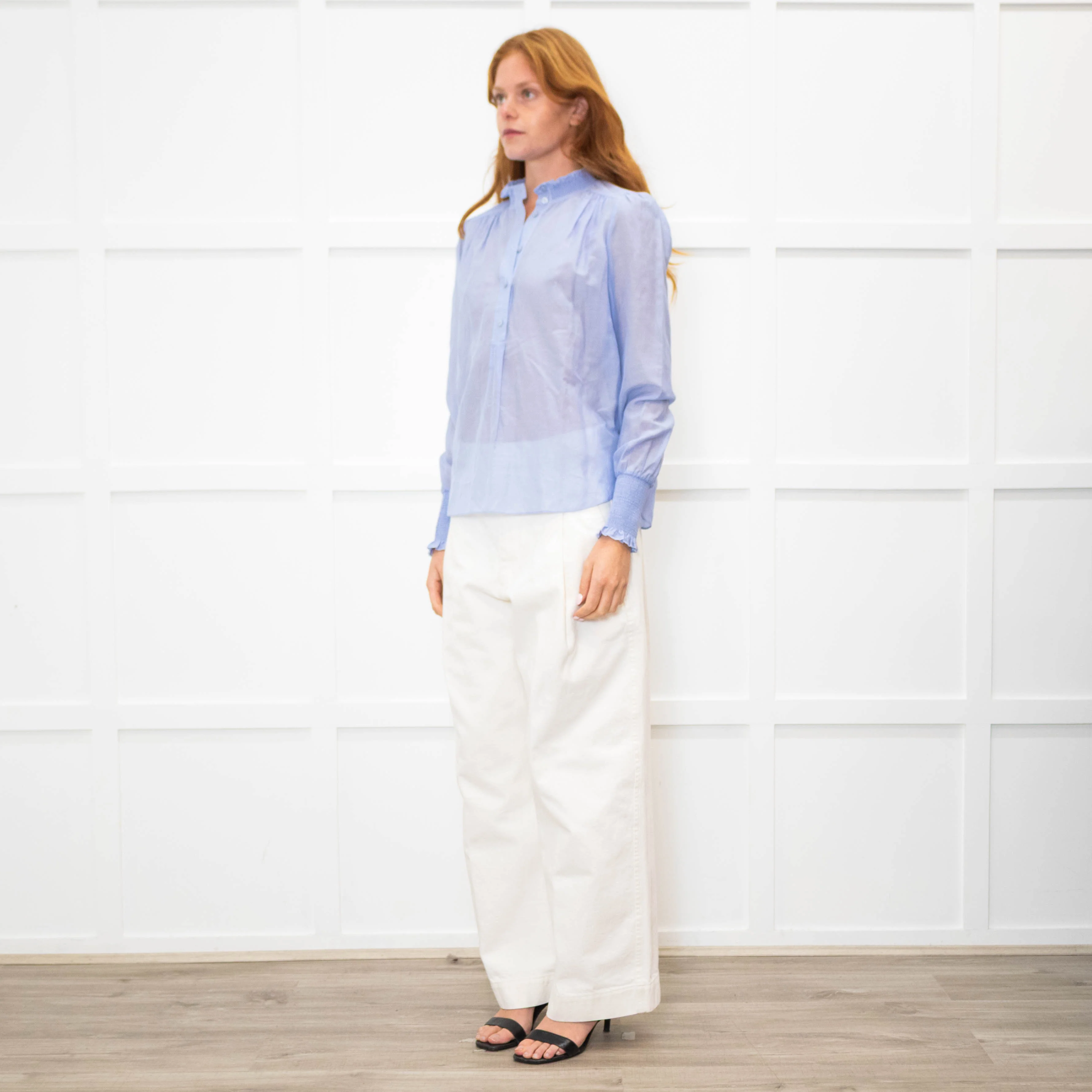 Me + Em Sky Blue Silk Cotton Blend Frill Cuff & Collar Blouse - Image 3