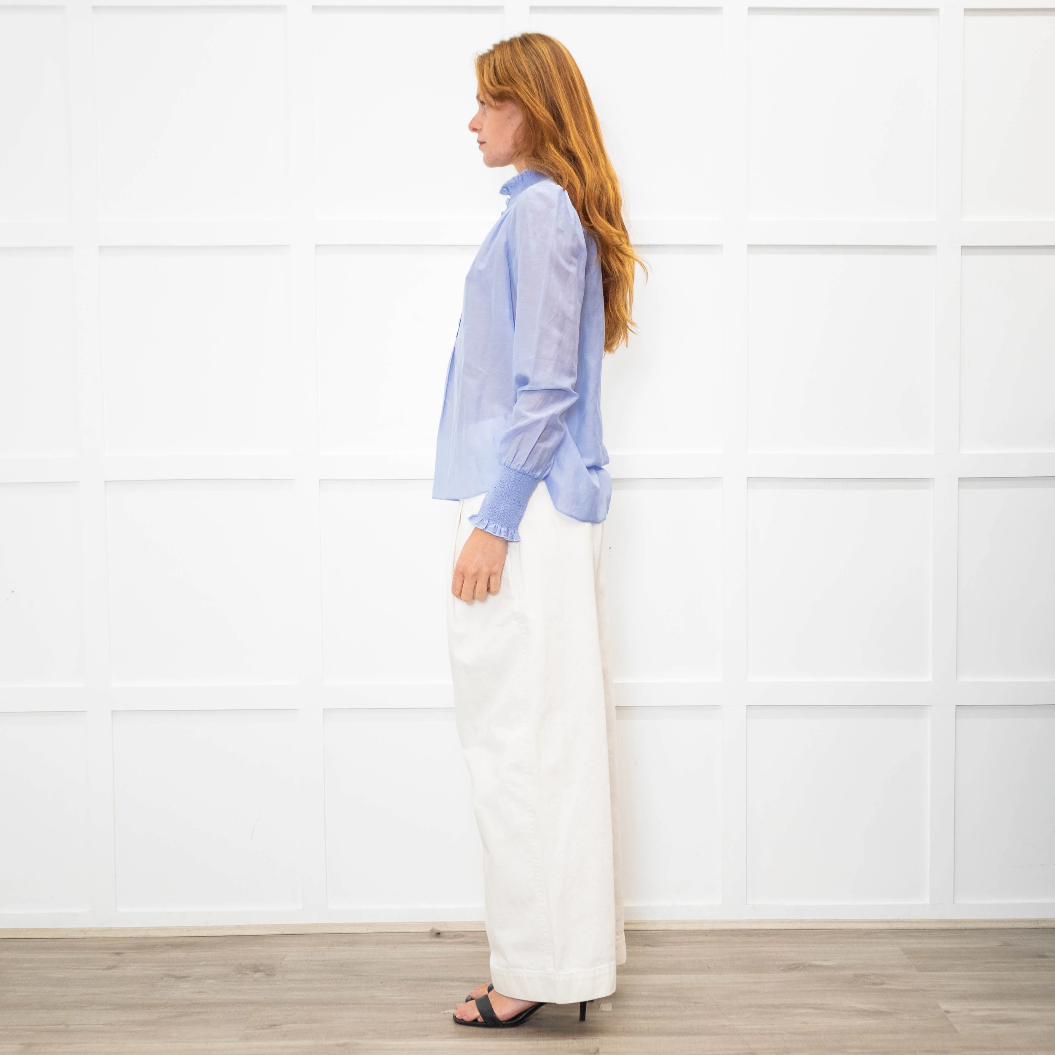 Me + Em Sky Blue Silk Cotton Blend Frill Cuff & Collar Blouse - Image 4