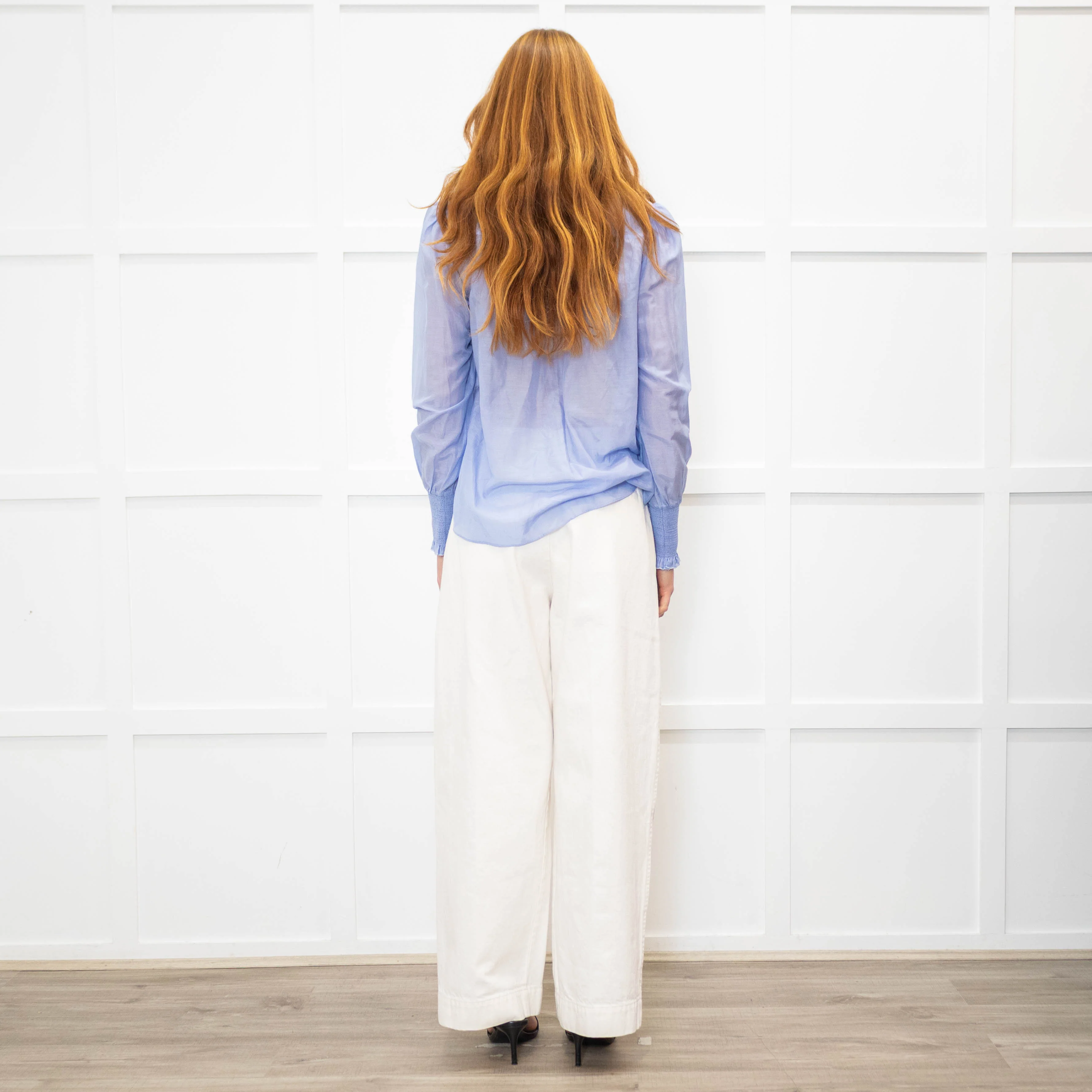 Me + Em Sky Blue Silk Cotton Blend Frill Cuff & Collar Blouse - Image 5