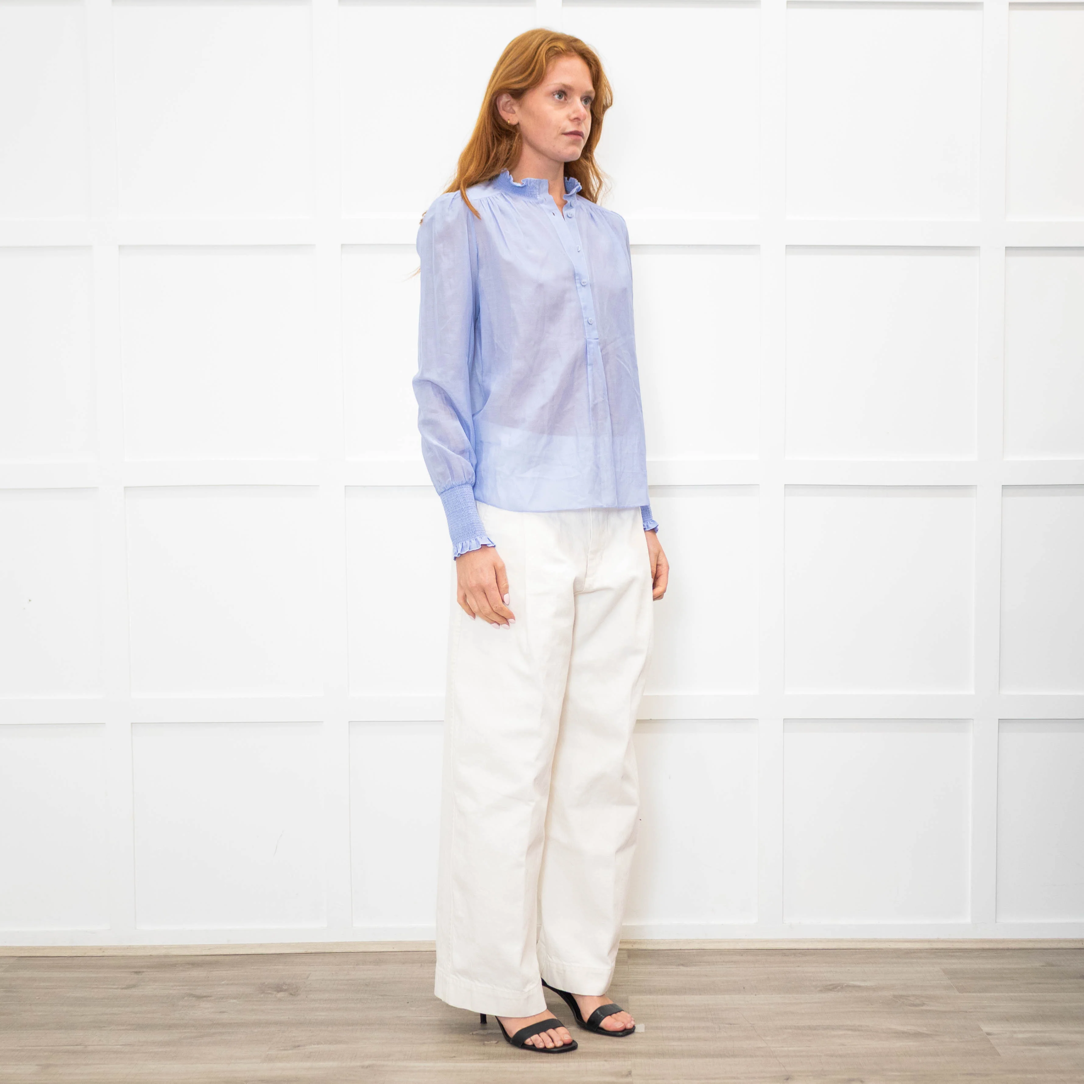Me + Em Sky Blue Silk Cotton Blend Frill Cuff & Collar Blouse - Image 7