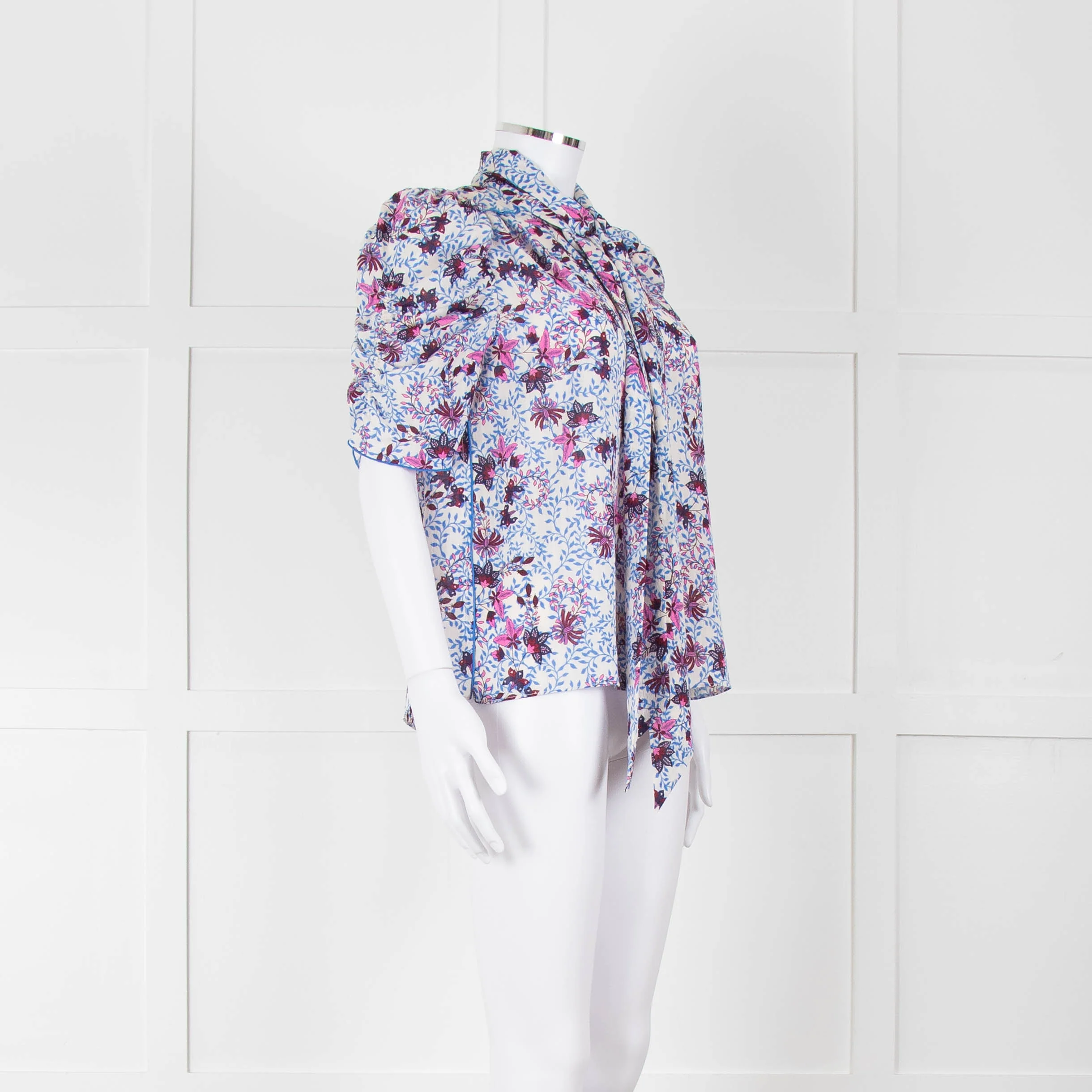 Me+Em White Blue Pink Floral Print Puffed Sleeve Tie Knot Top - Image 2