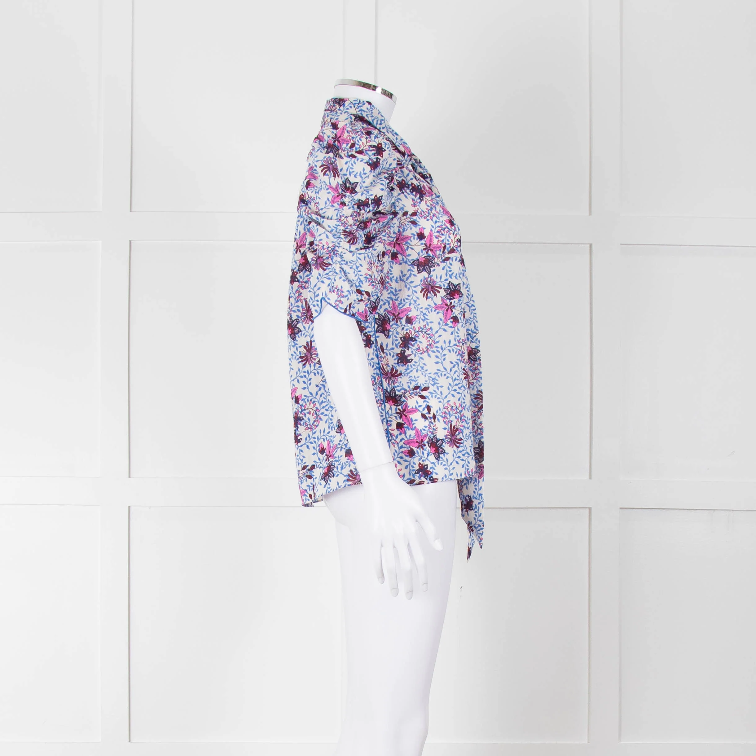 Me+Em White Blue Pink Floral Print Puffed Sleeve Tie Knot Top - Image 3