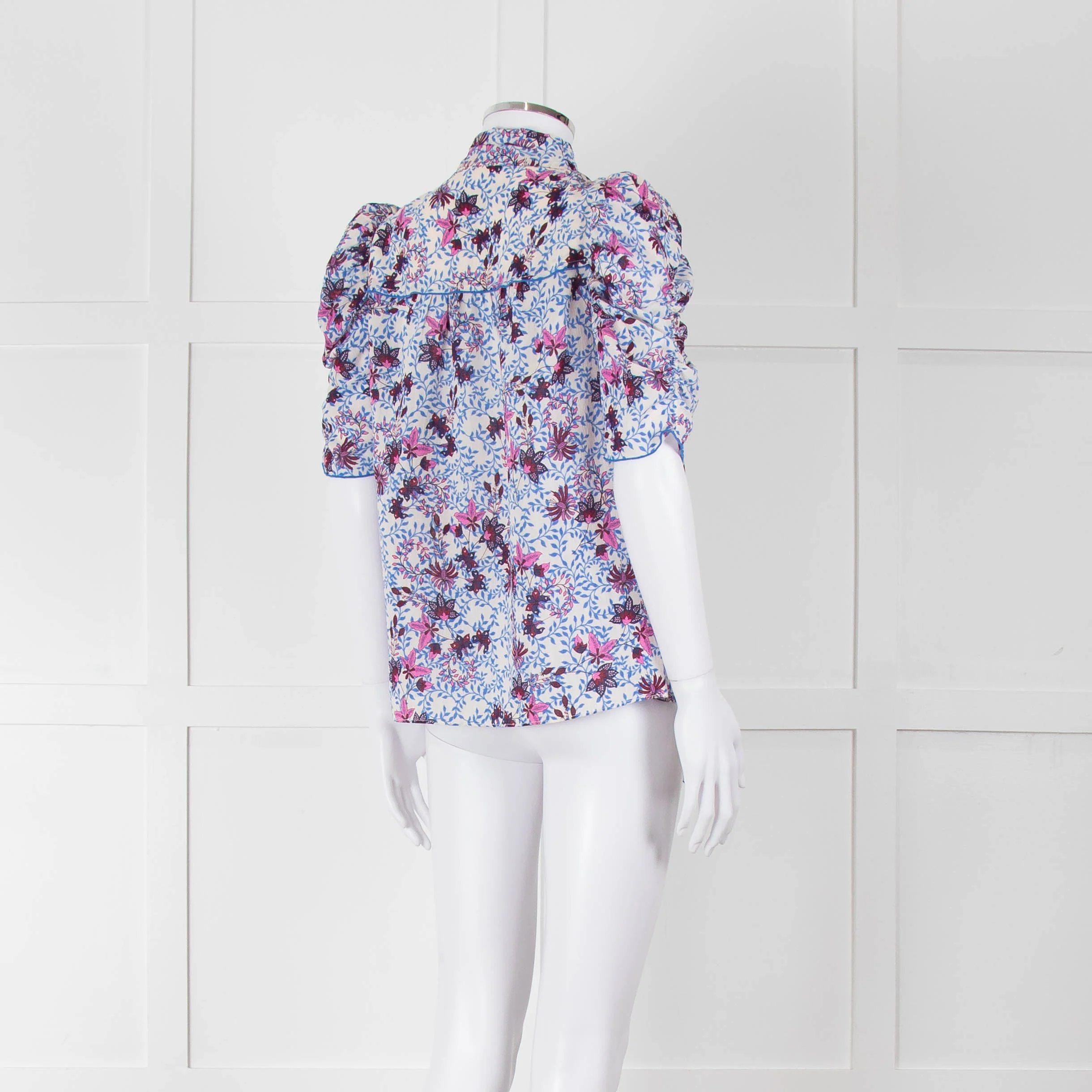 Me+Em White Blue Pink Floral Print Puffed Sleeve Tie Knot Top - Image 4