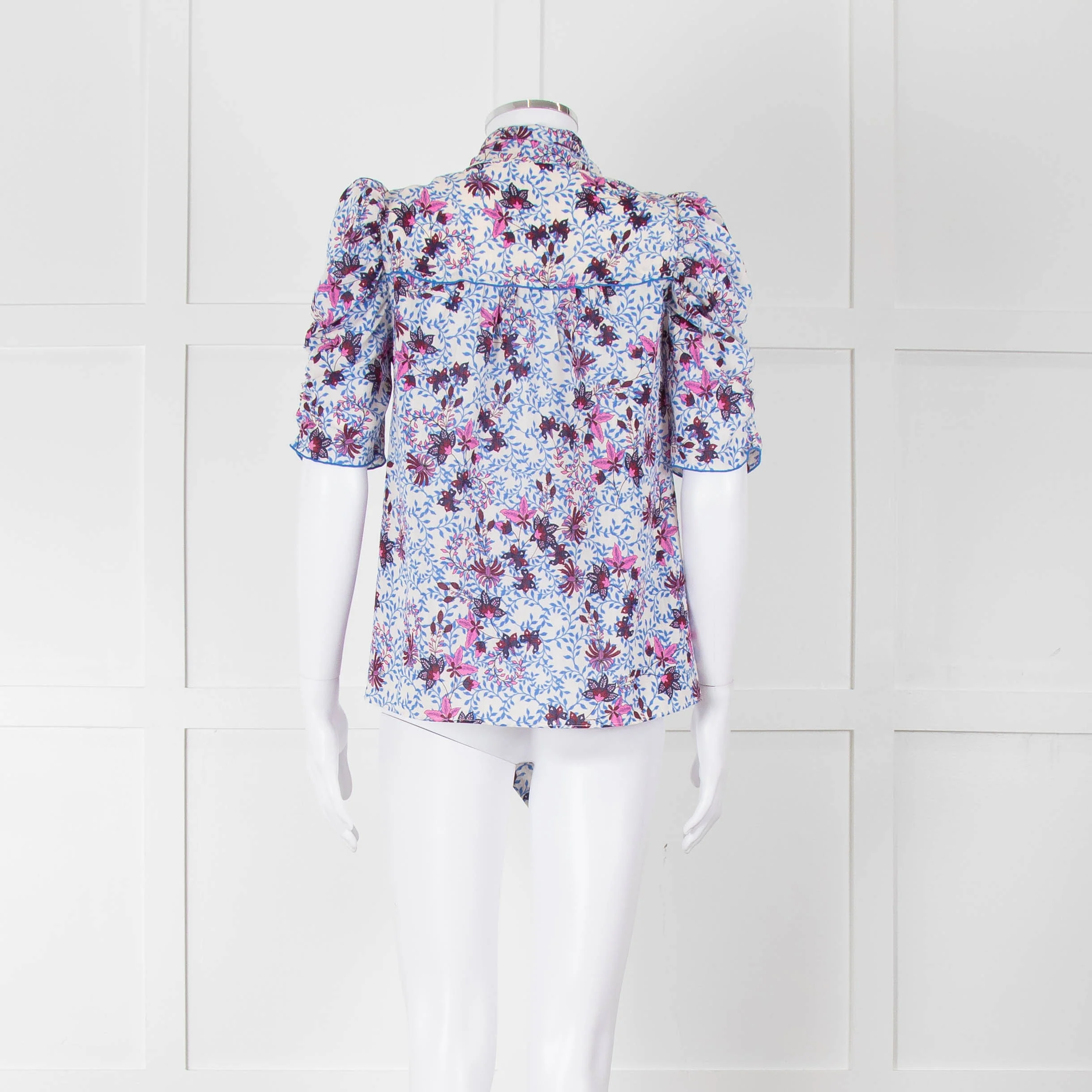 Me+Em White Blue Pink Floral Print Puffed Sleeve Tie Knot Top - Image 5