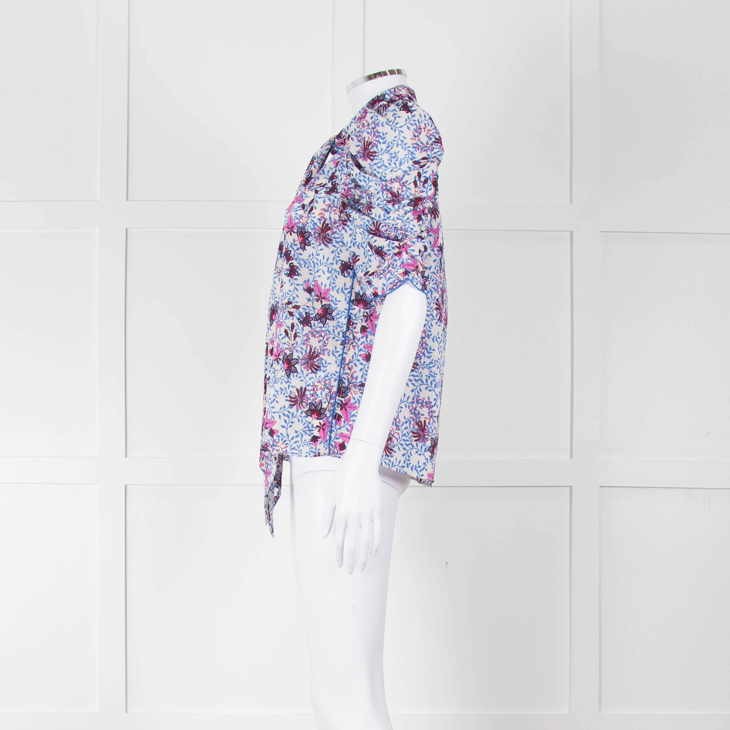 Me+Em White Blue Pink Floral Print Puffed Sleeve Tie Knot Top - Image 7