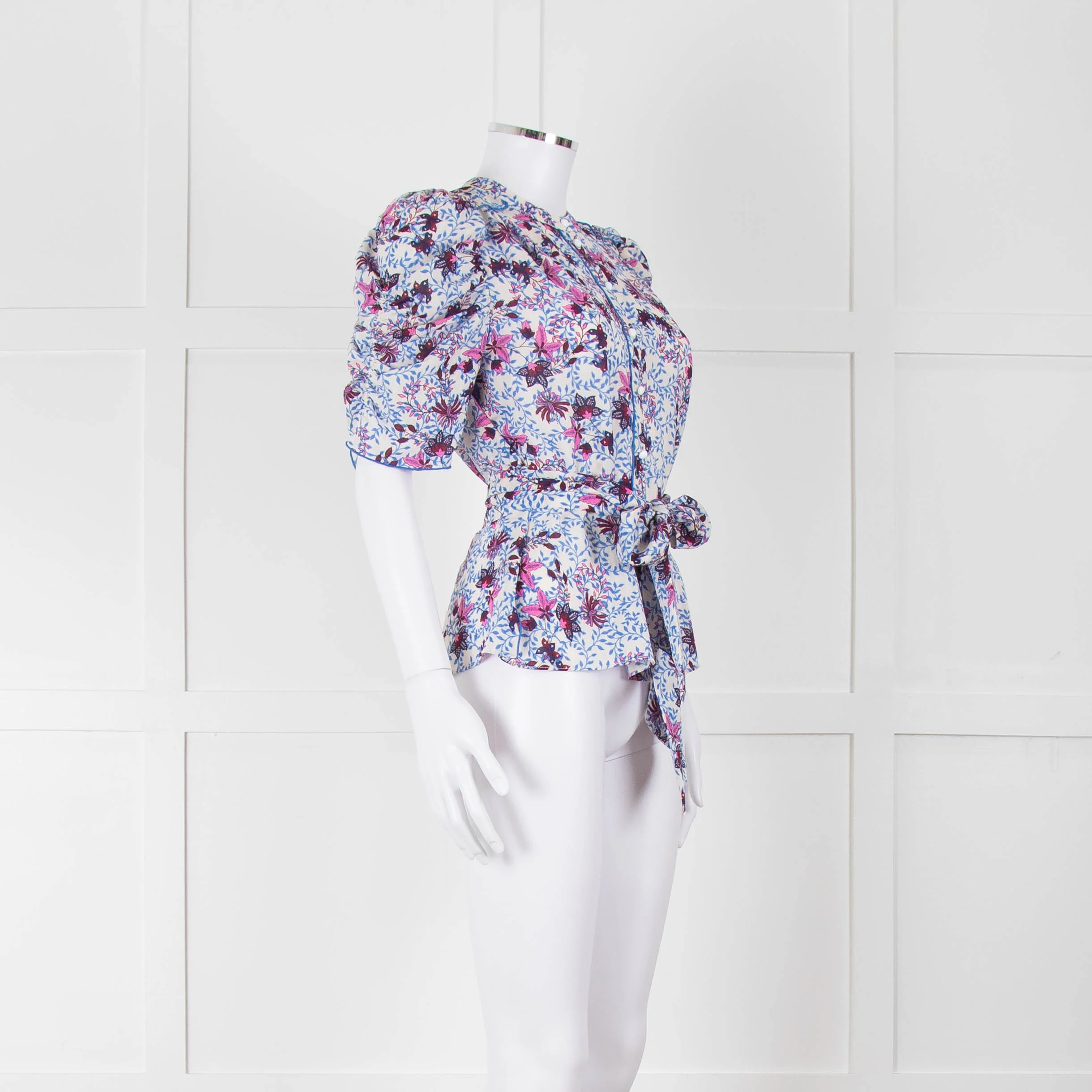 Me+Em White Blue Pink Floral Print Puffed Sleeve Tie Knot Top - Image 9