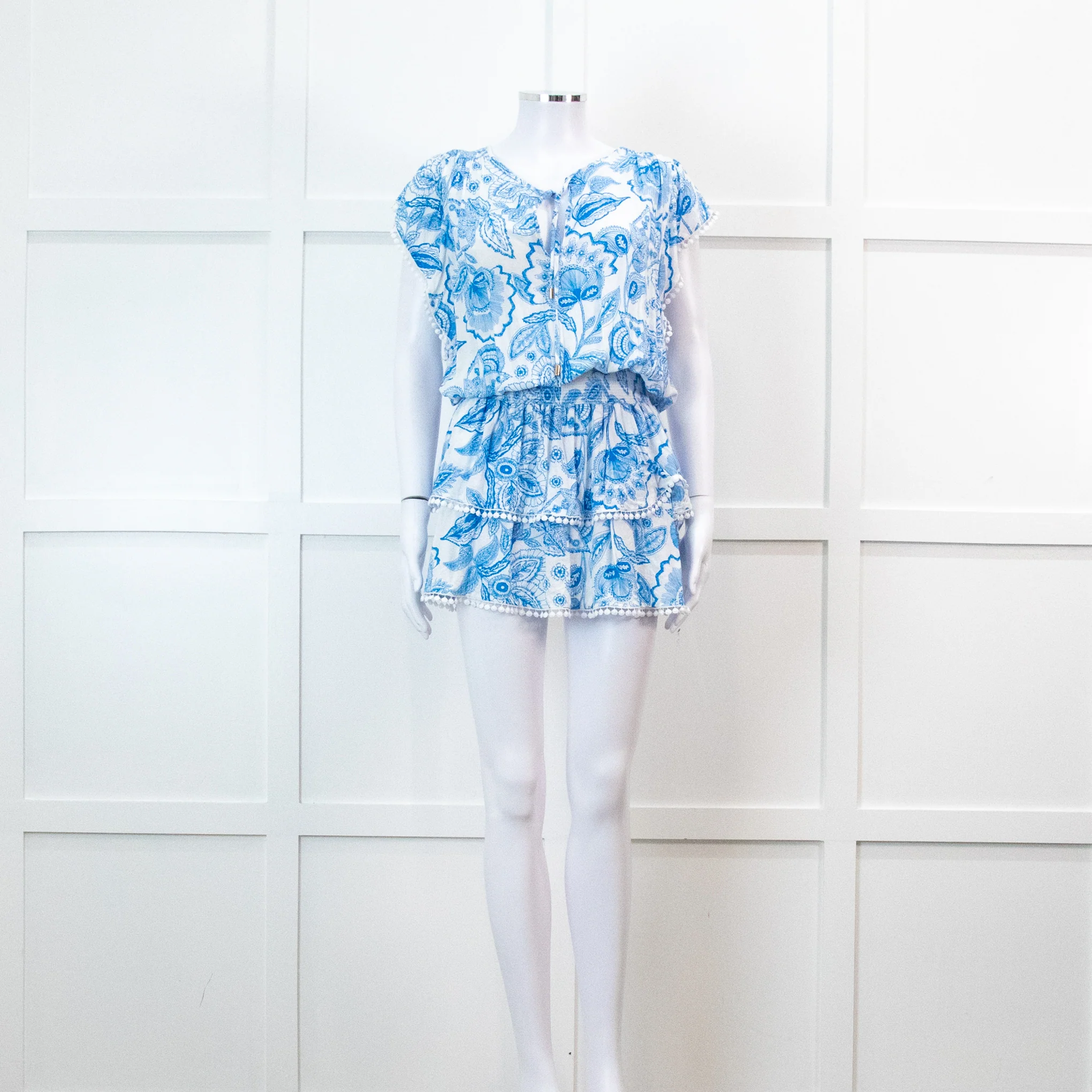 Melissa Odabash Blue Floral Print Bobble Edging Mini Dress