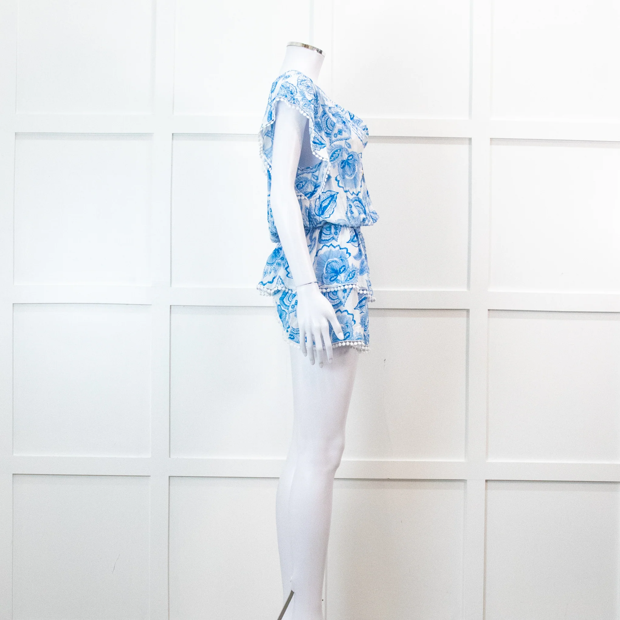 Melissa Odabash Blue Floral Print Bobble Edging Mini Dress - Image 3