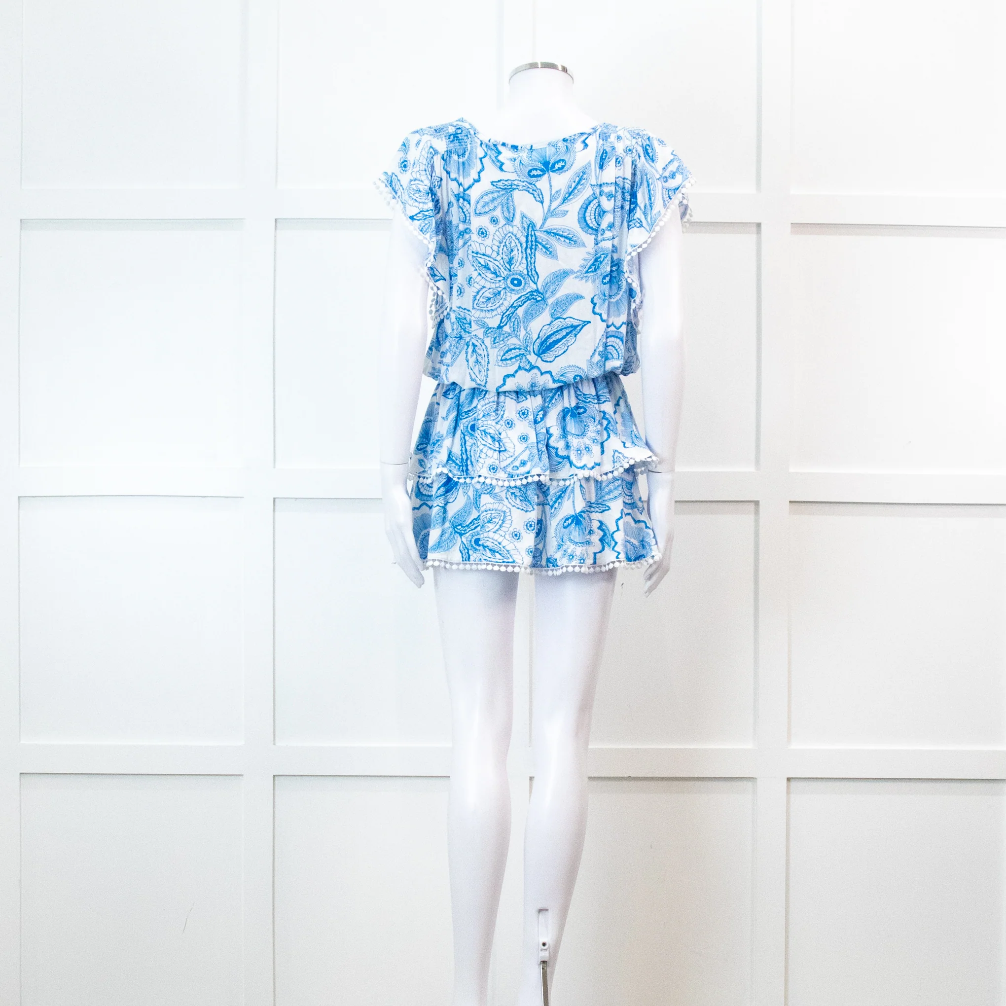 Melissa Odabash Blue Floral Print Bobble Edging Mini Dress - Image 5