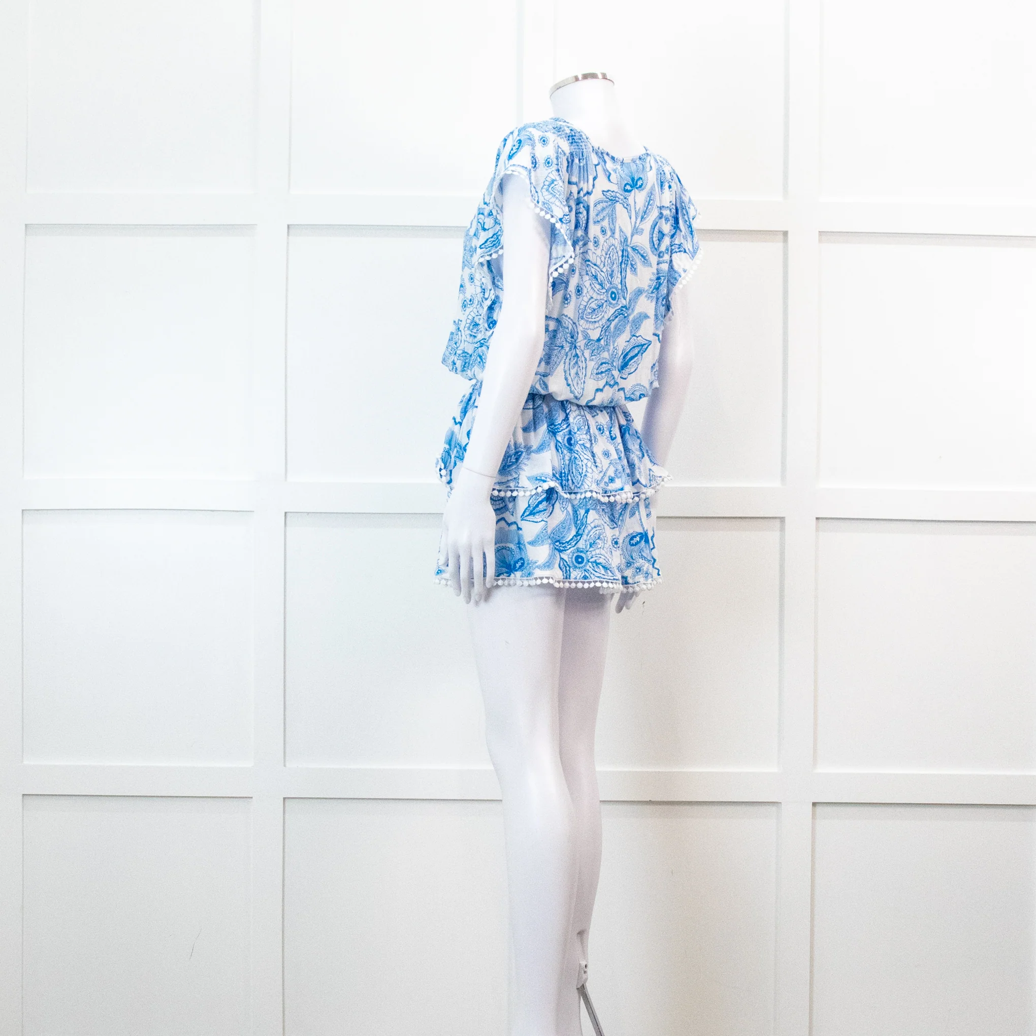 Melissa Odabash Blue Floral Print Bobble Edging Mini Dress - Image 6
