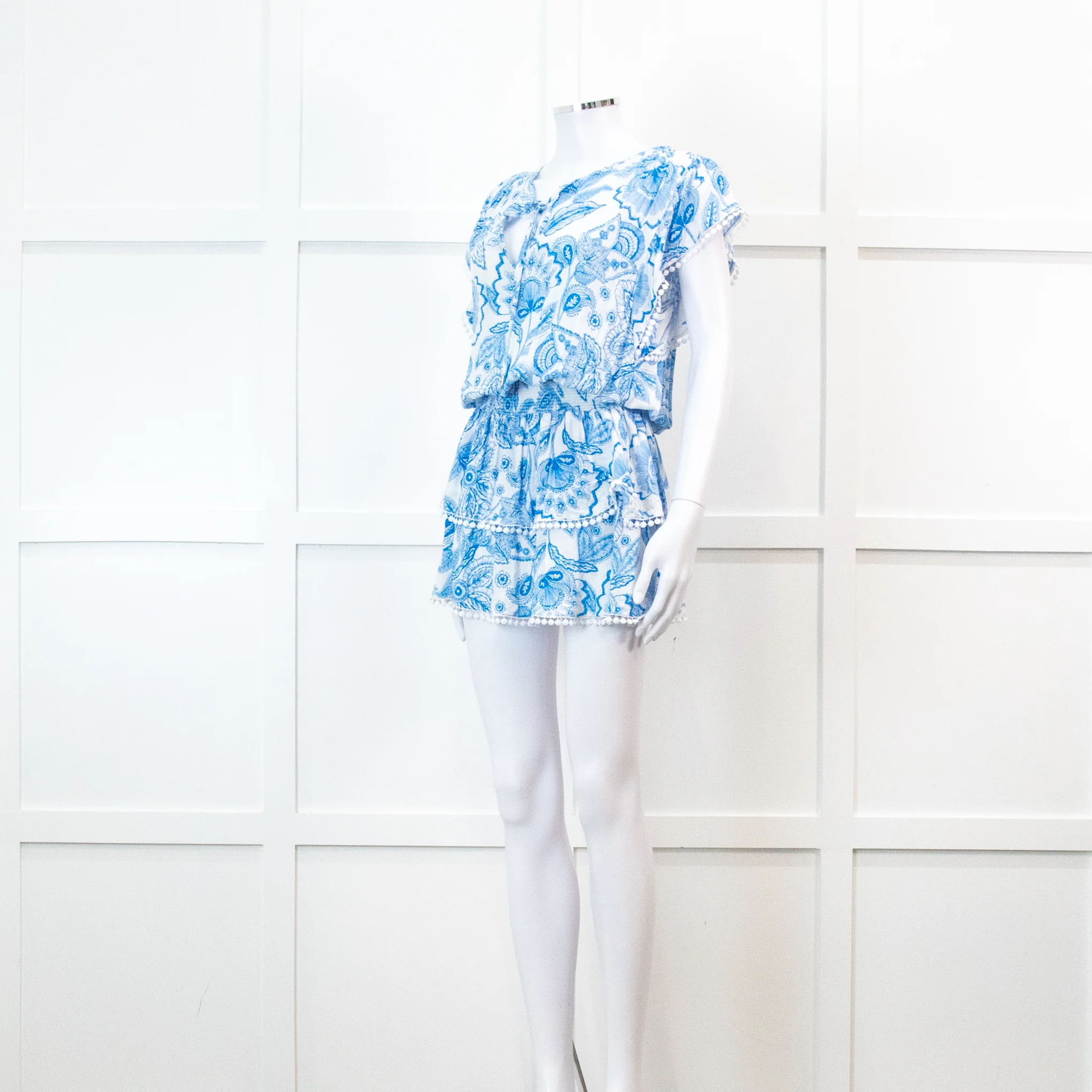 Melissa Odabash Blue Floral Print Bobble Edging Mini Dress - Image 8