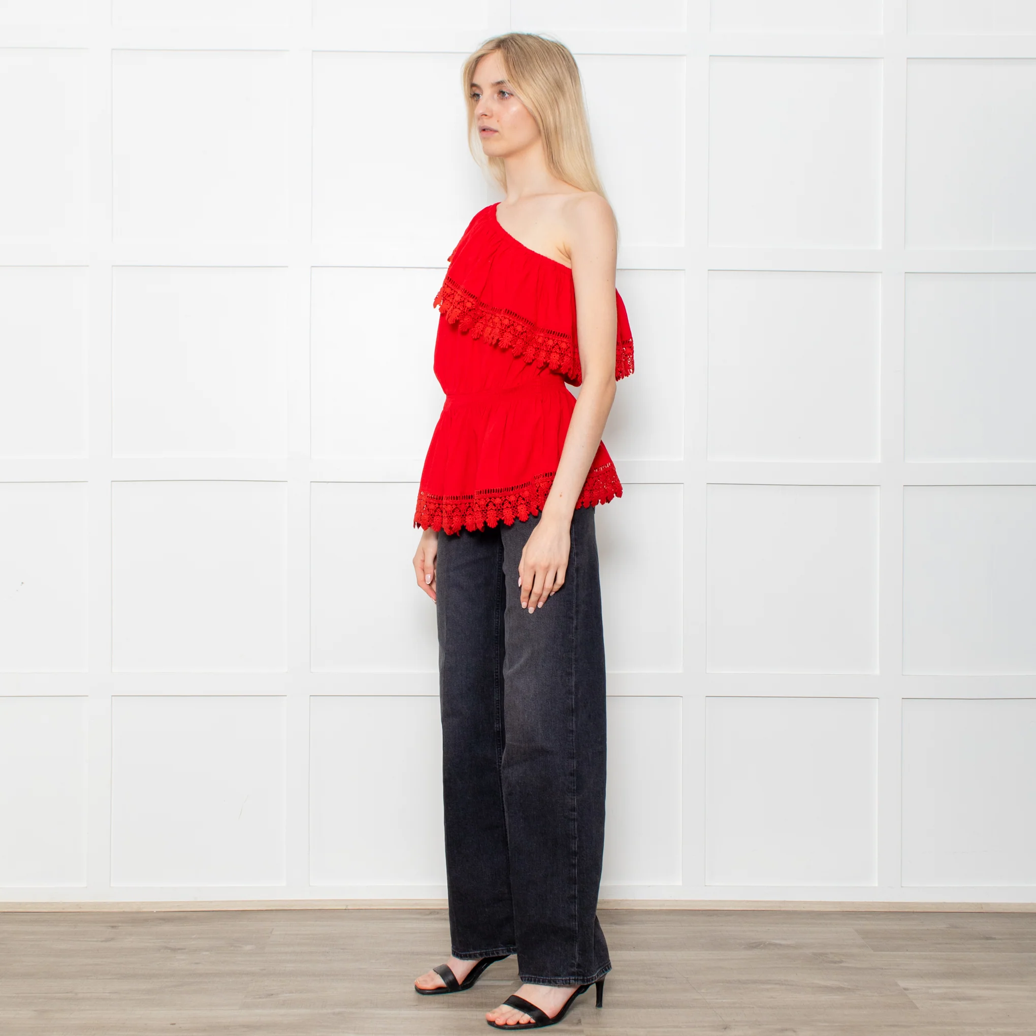 Melissa Odabash Red One Shoulder Cotton Crochet Edging Top - Image 3