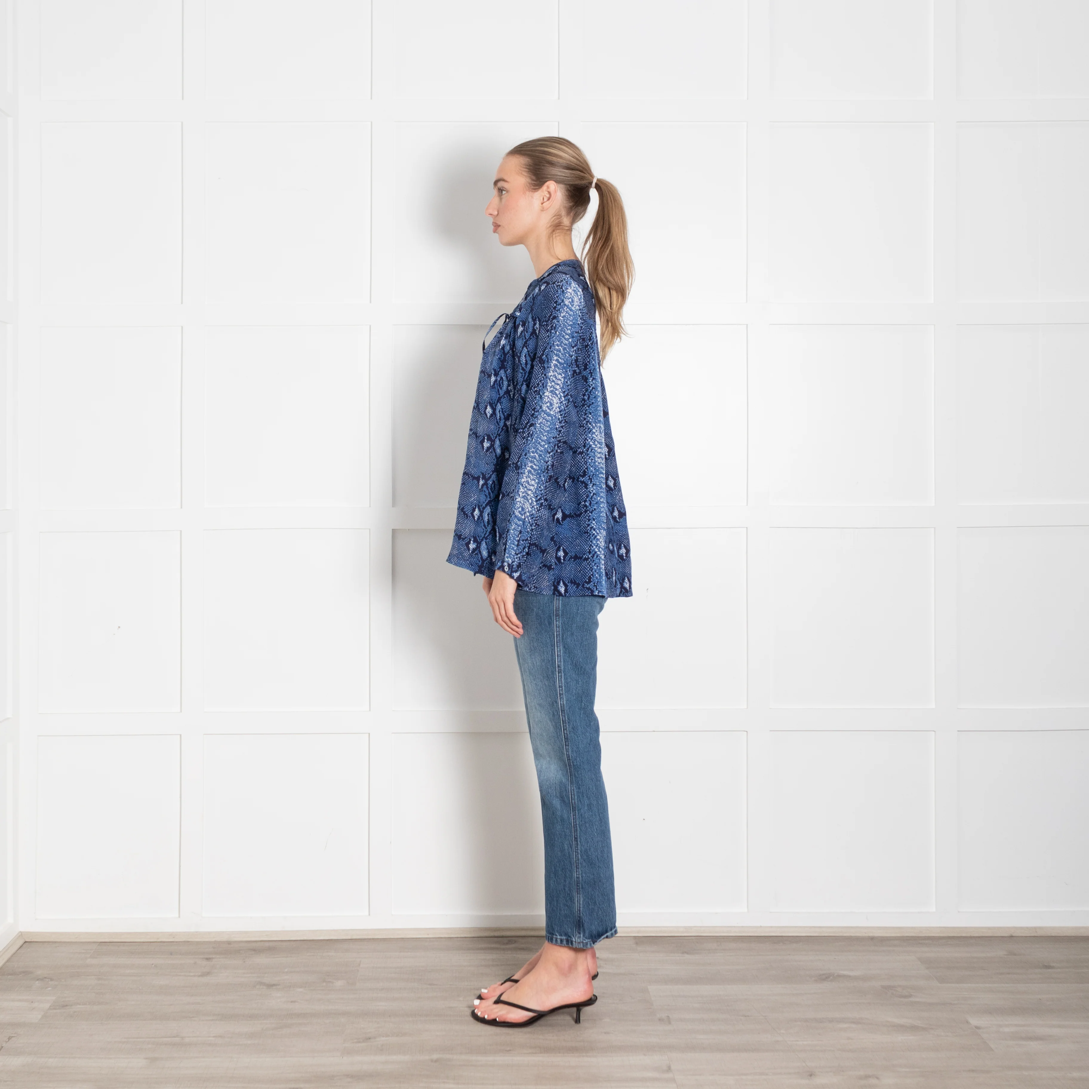 Mercy Delta Blue Snake Skin Silk Long Sleeve Blouse - Image 4