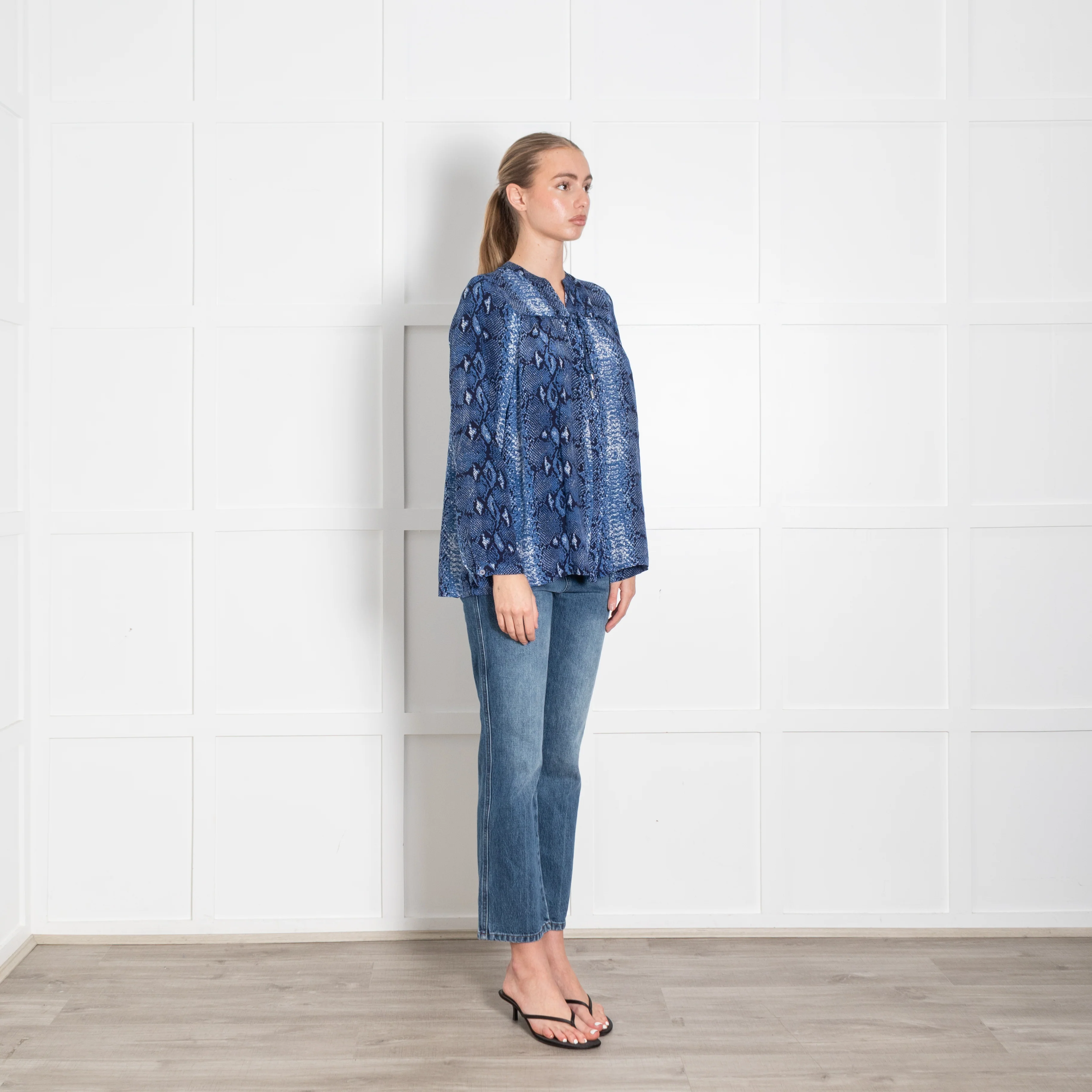 Mercy Delta Blue Snake Skin Silk Long Sleeve Blouse - Image 7