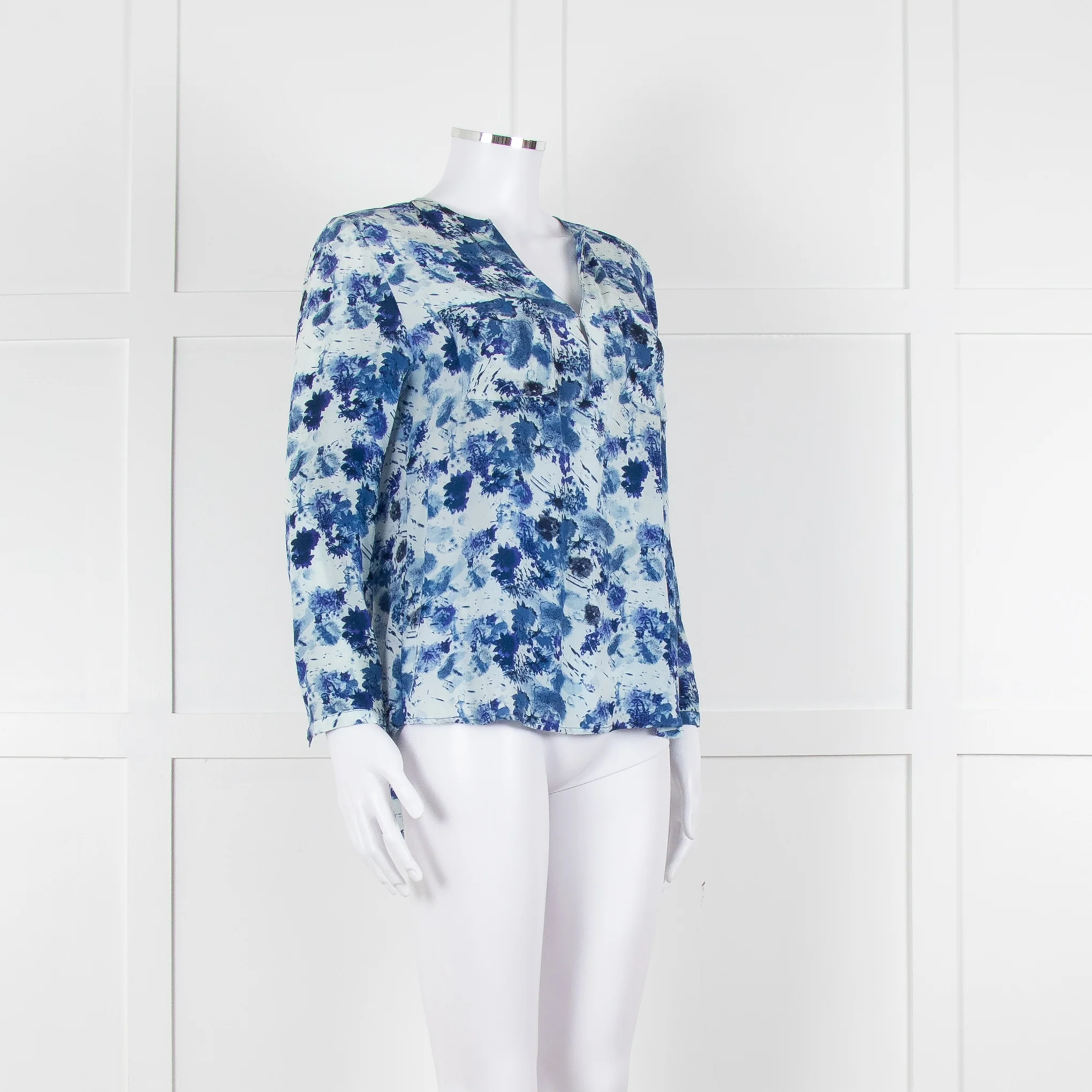 Mercy Delta Pale Blue Dark Blue Print Long Sleeve Silk Top - Image 2