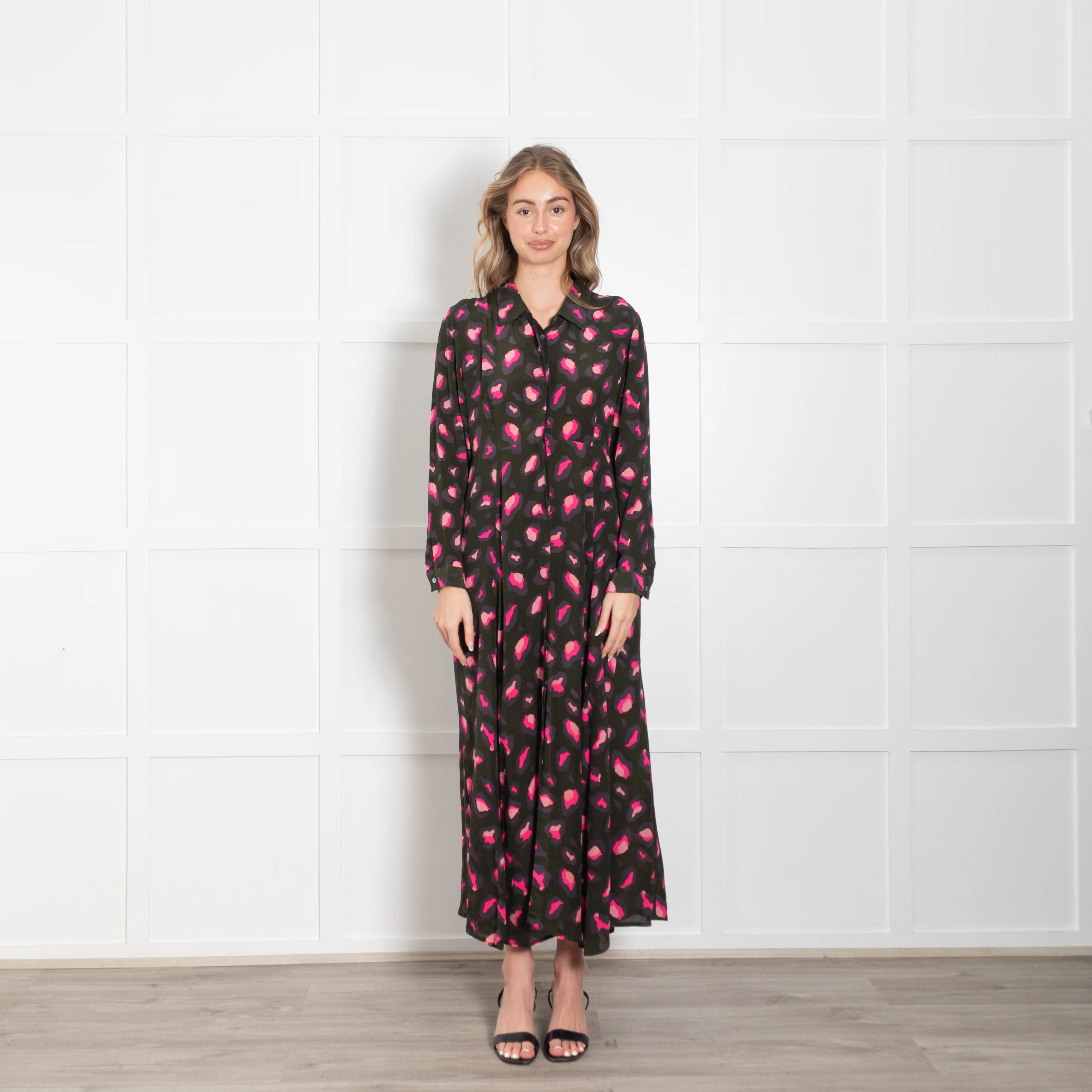 Mercy Delta Khaki Green & Pink Leopard Print Silk Dress