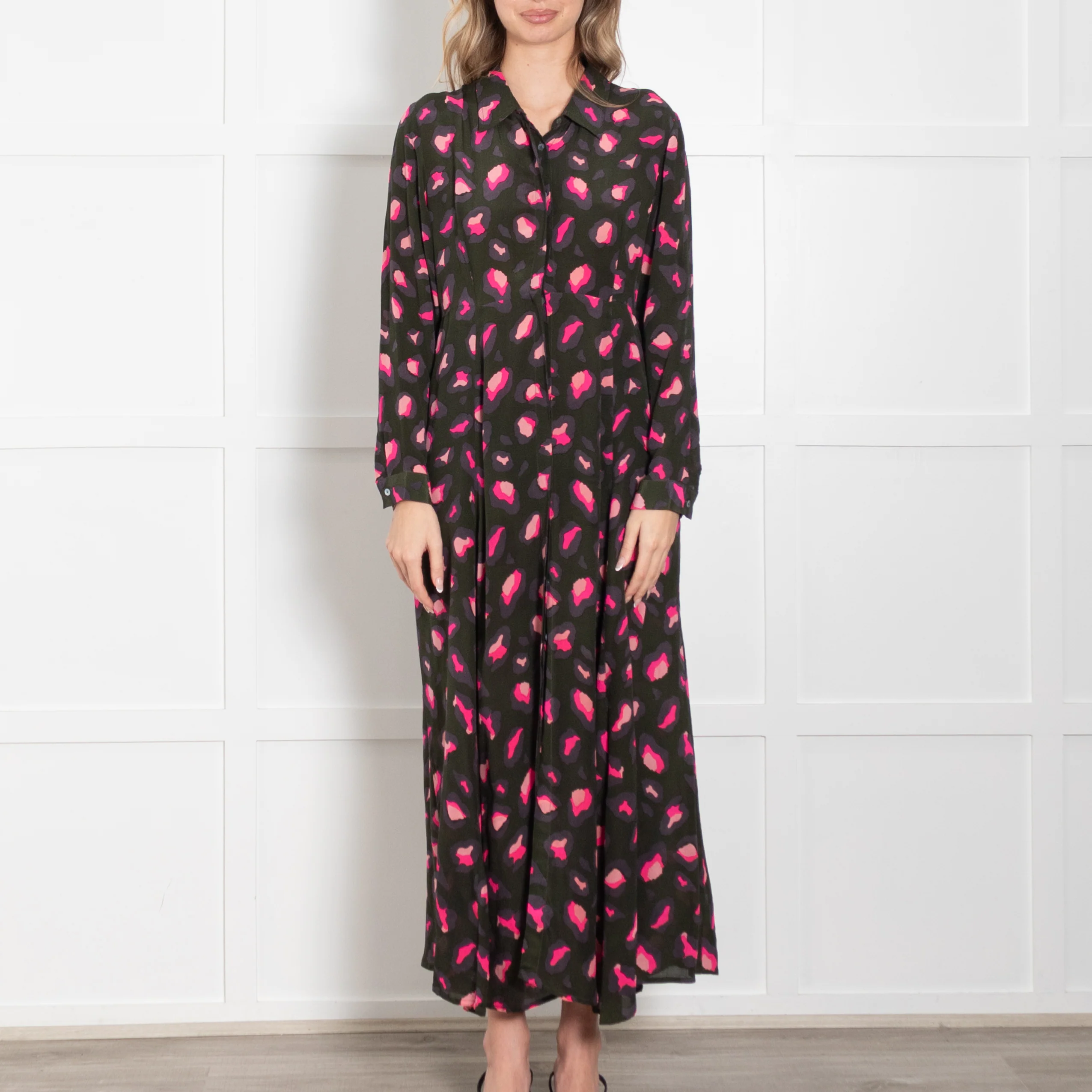Mercy Delta Khaki Green & Pink Leopard Print Silk Dress - Image 2