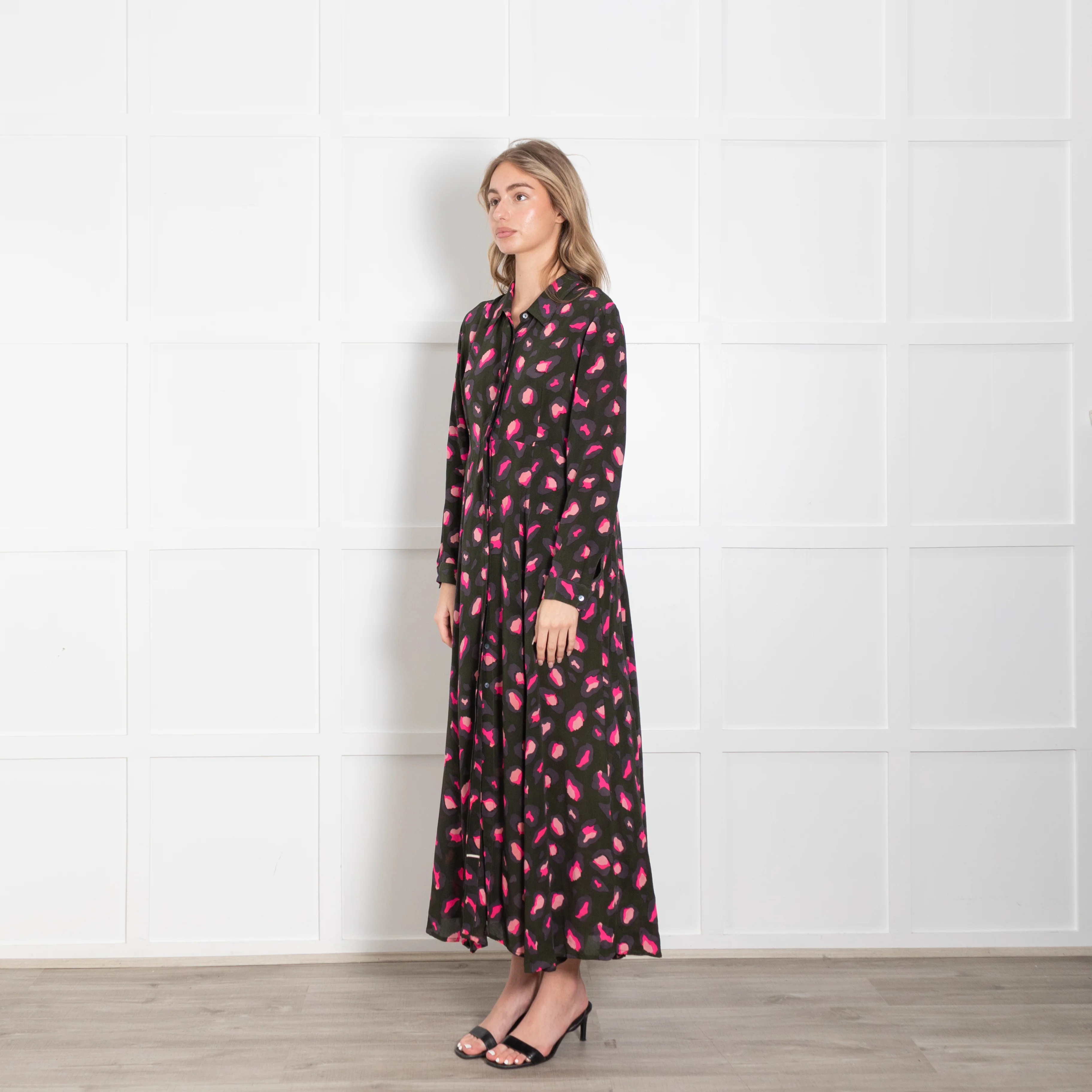 Mercy Delta Khaki Green & Pink Leopard Print Silk Dress - Image 3
