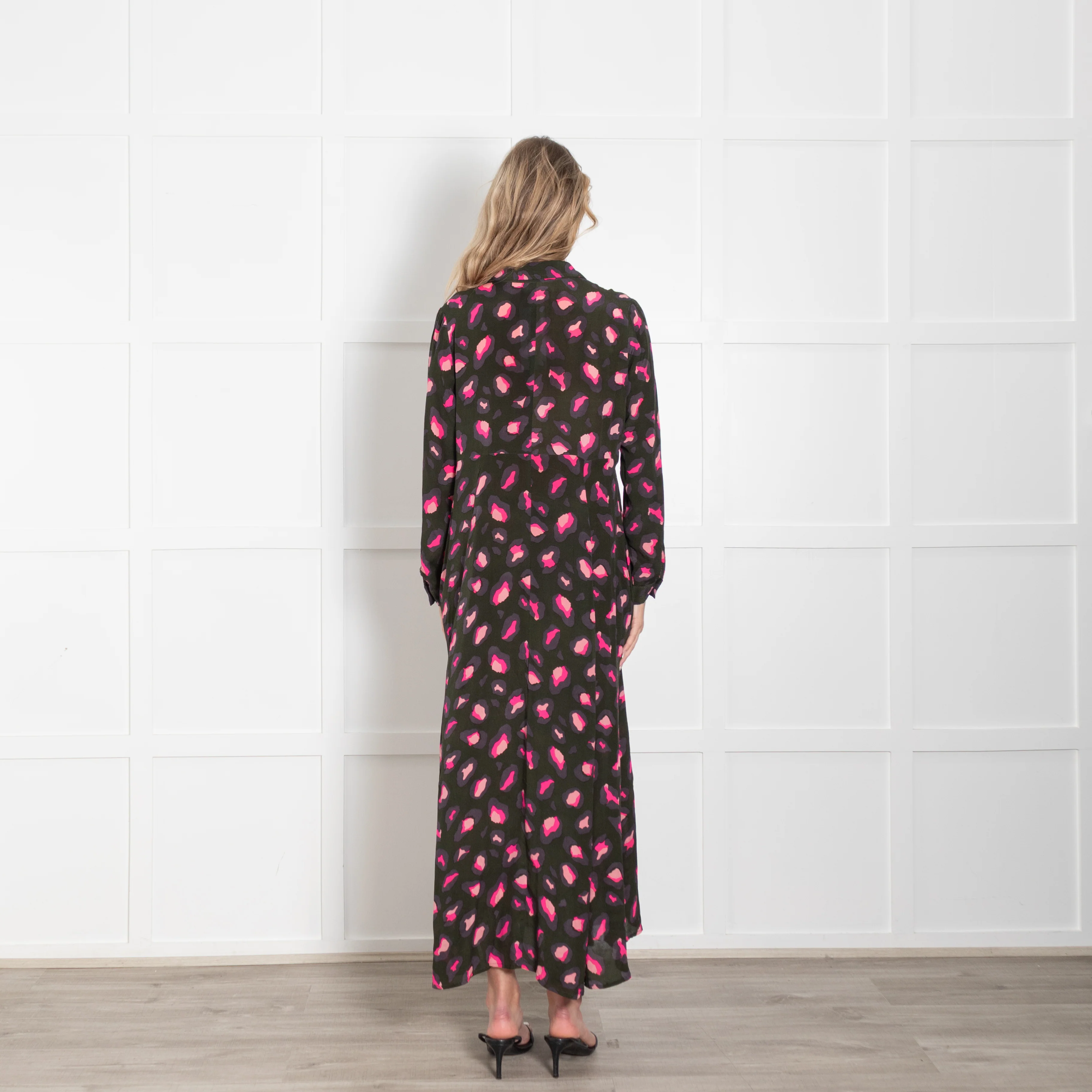 Mercy Delta Khaki Green & Pink Leopard Print Silk Dress - Image 5