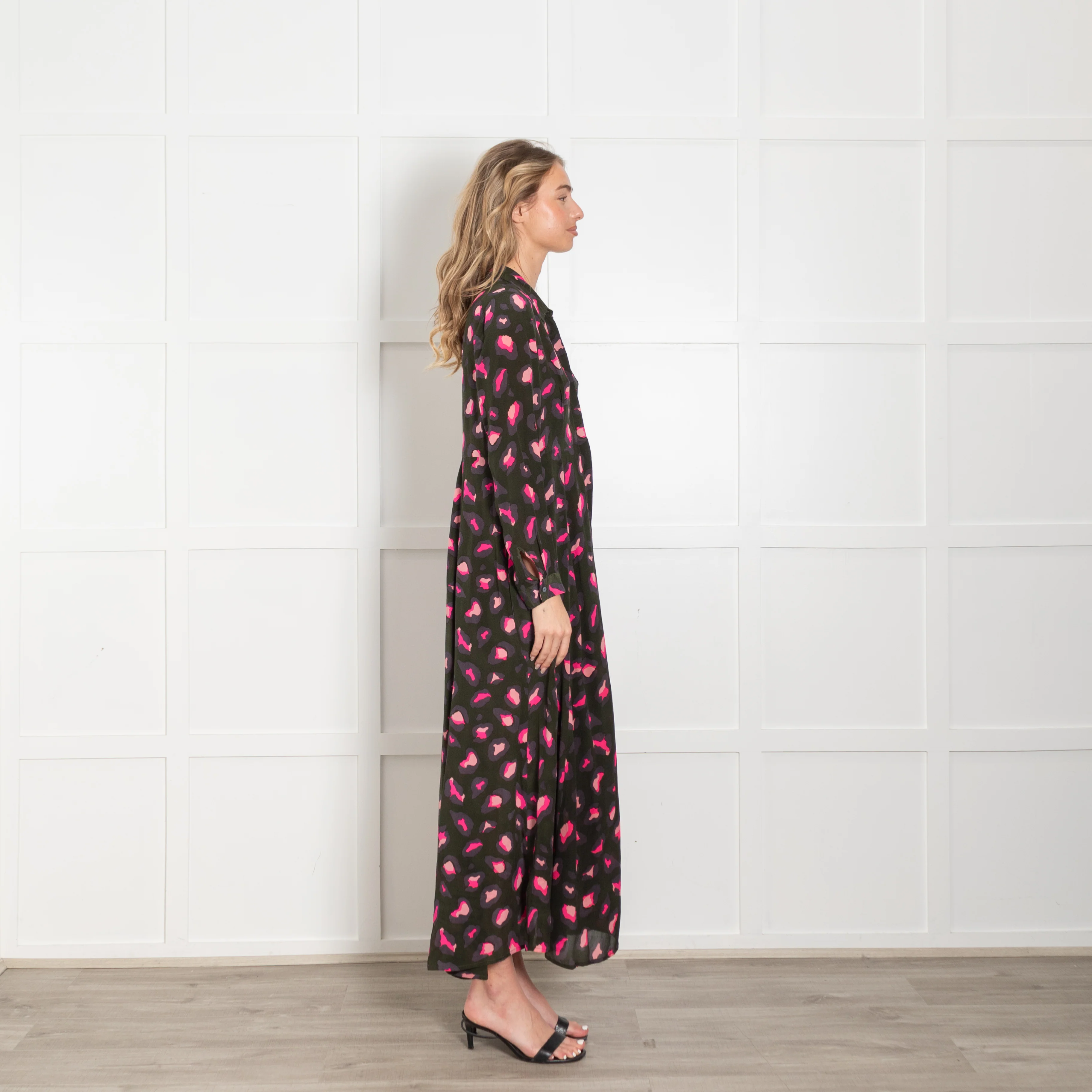 Mercy Delta Khaki Green & Pink Leopard Print Silk Dress - Image 6