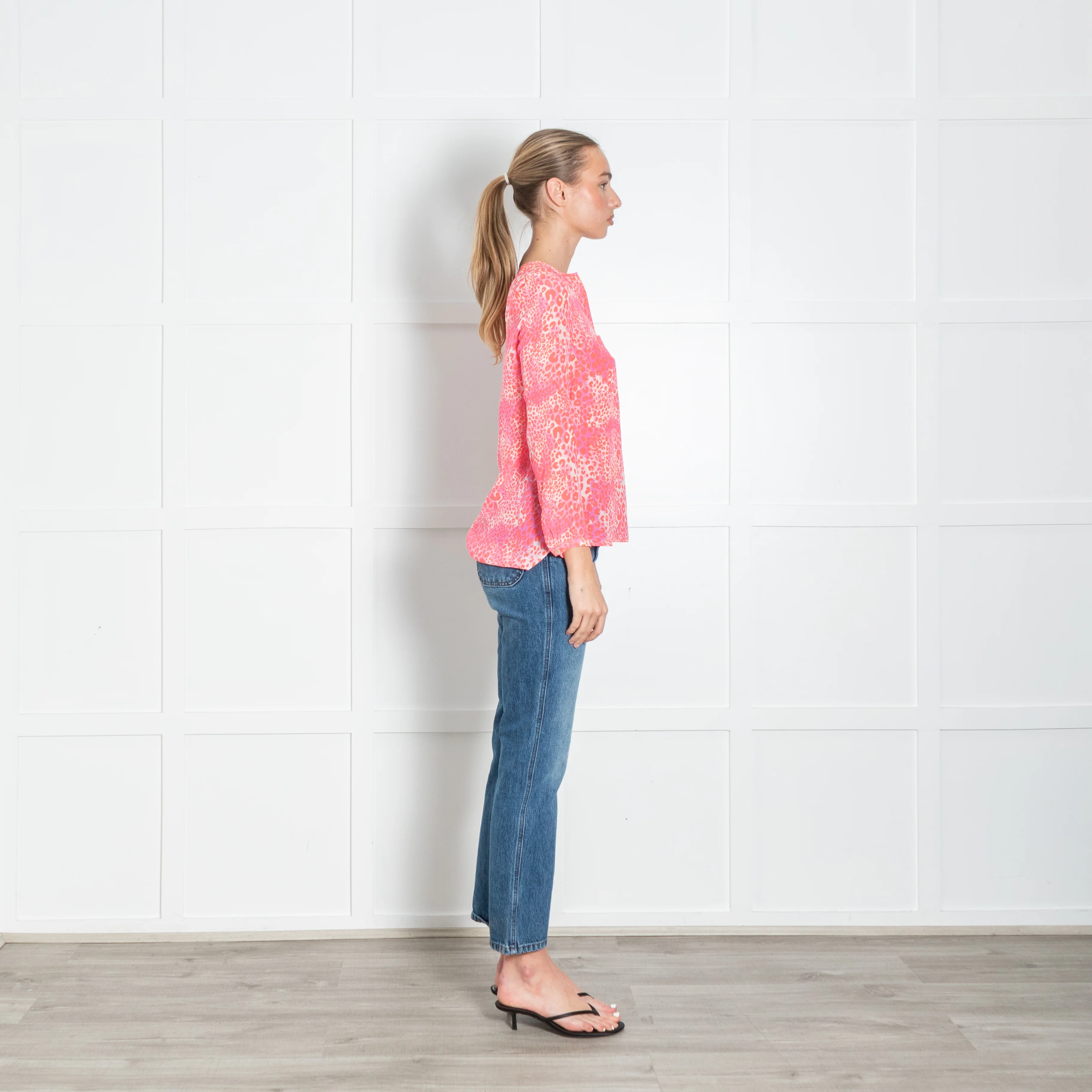 Mercy Delta White Neon Orange Pink Animal Print Silk Blouse - Image 6