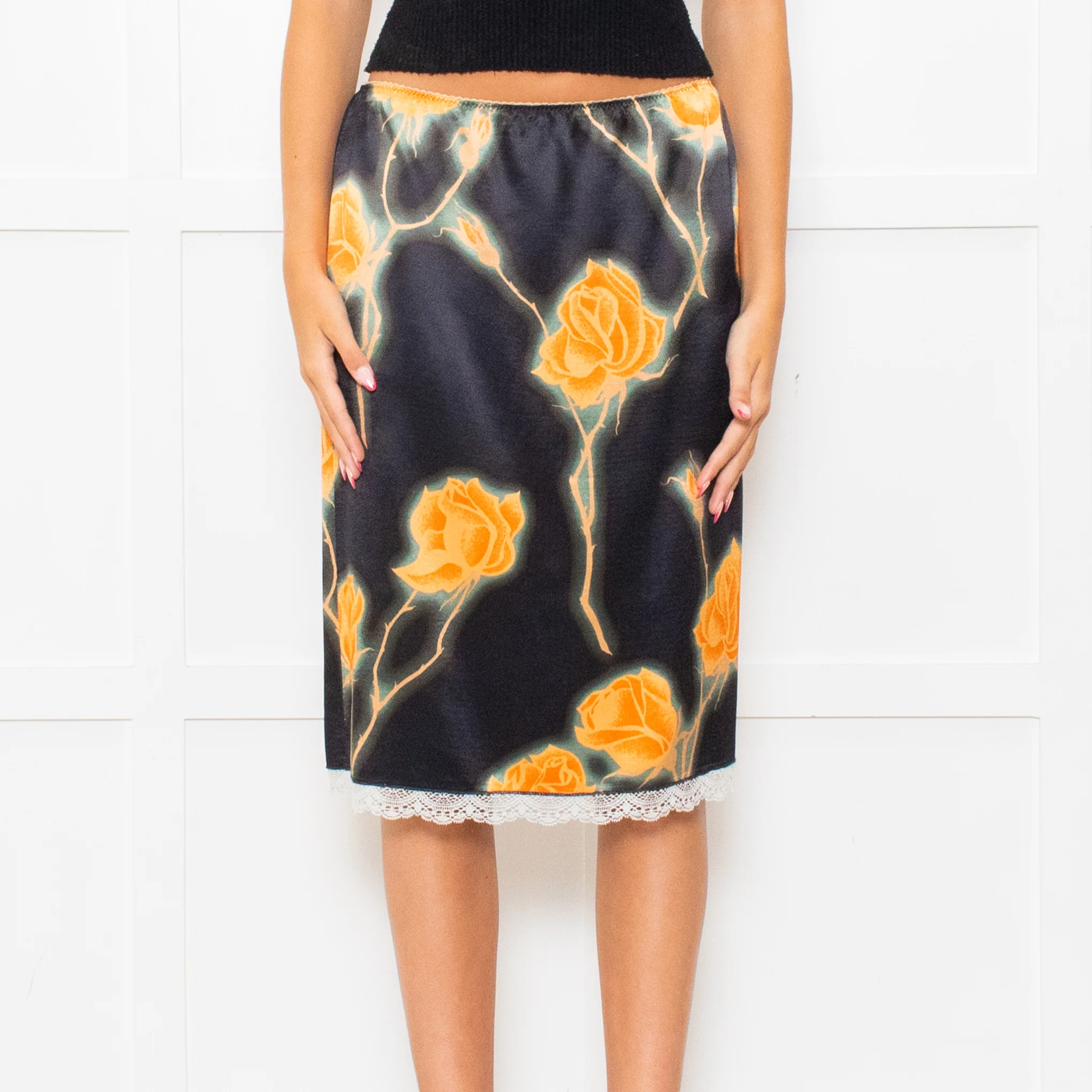 Meryll Rogge Black Orange Floral Satin Skirt - Image 2