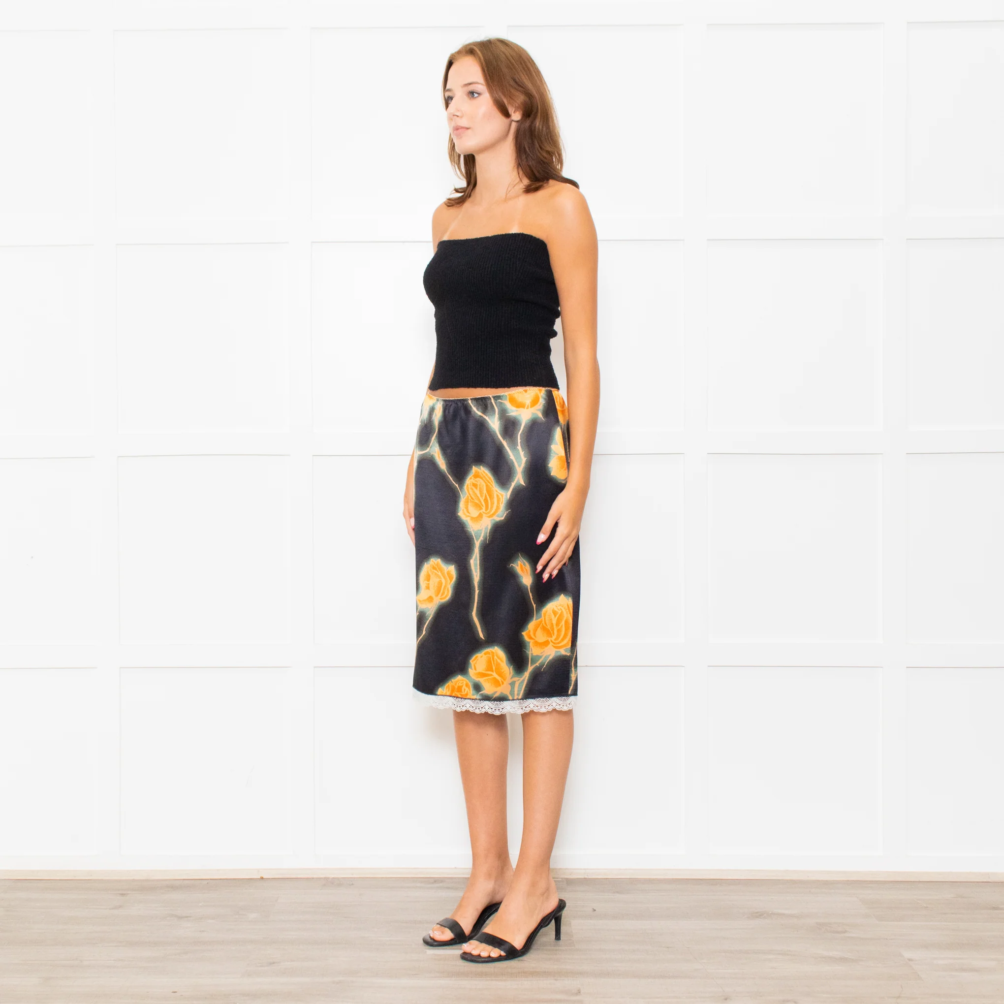 Meryll Rogge Black Orange Floral Satin Skirt - Image 3