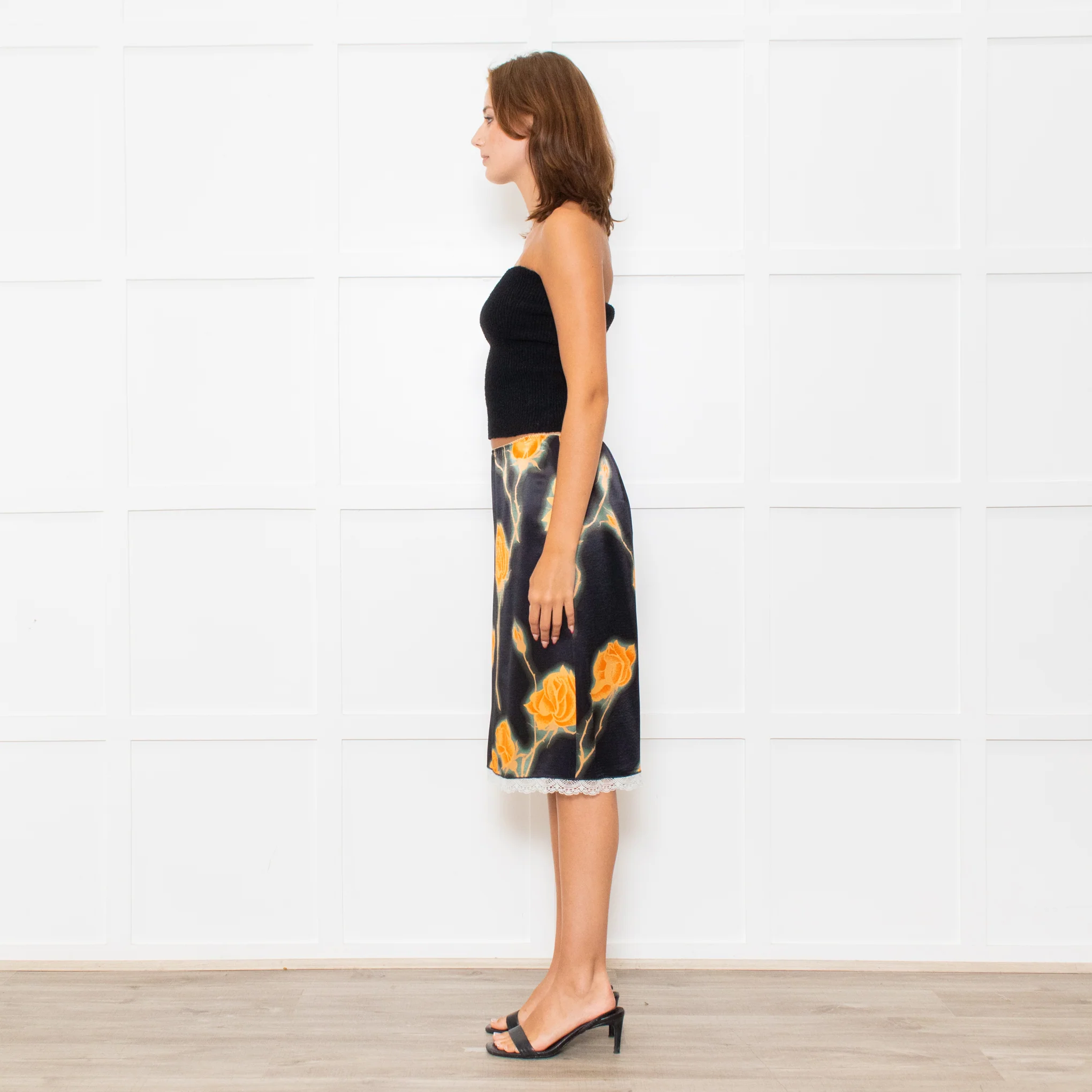 Meryll Rogge Black Orange Floral Satin Skirt - Image 4