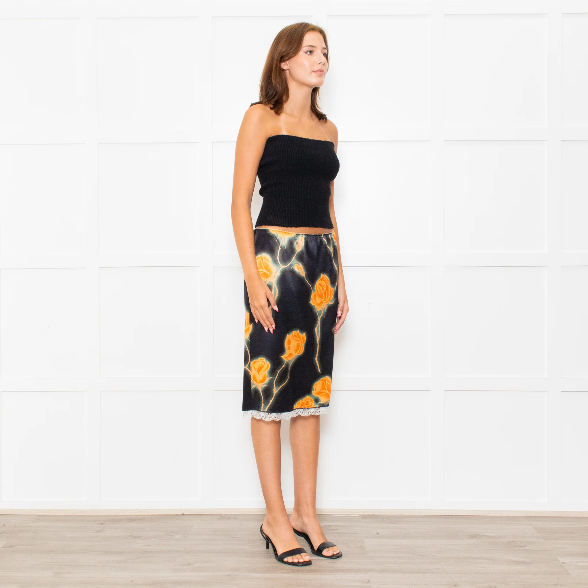 Meryll Rogge Black Orange Floral Satin Skirt - Image 7