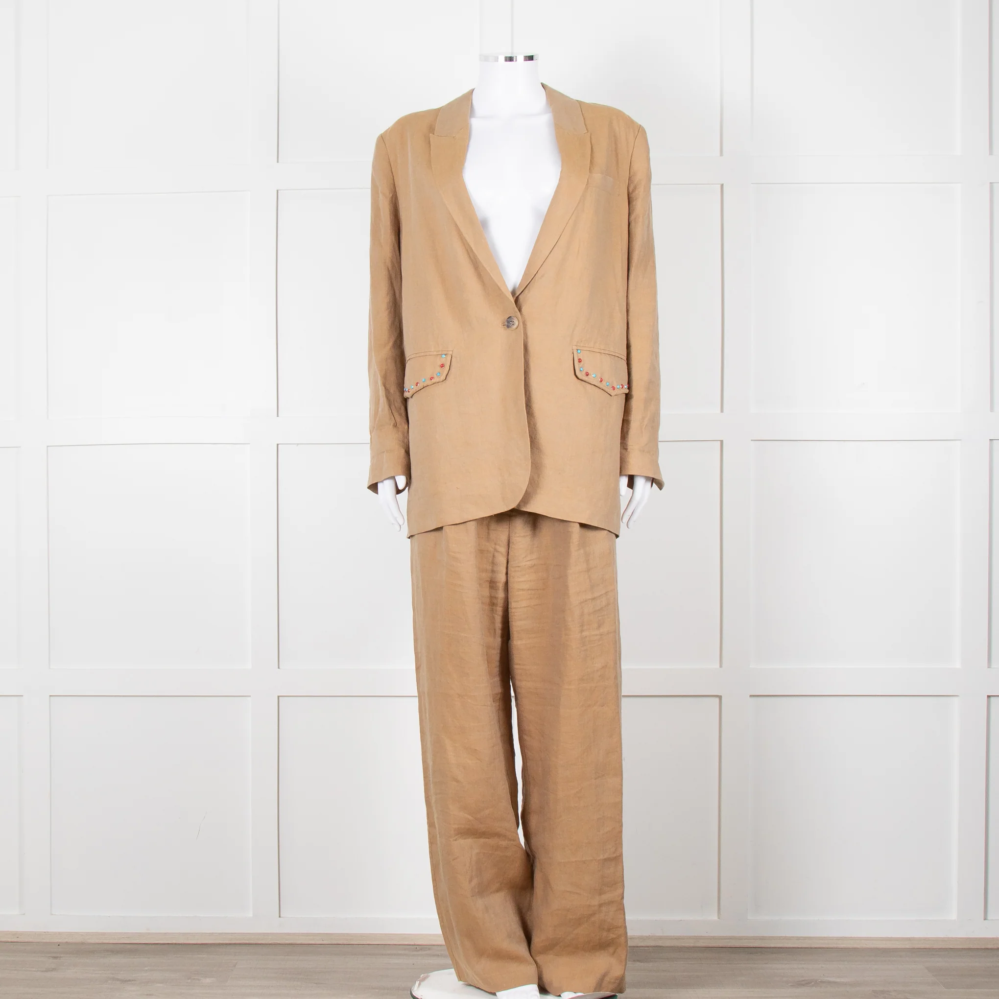 Mes Demoiselles Khaki Woven Straight Fit Blazer with Crystal Studs