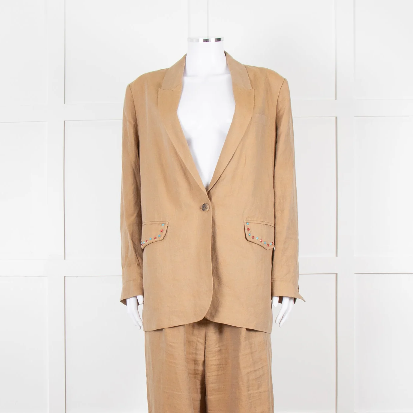 Mes Demoiselles Khaki Woven Straight Fit Blazer with Crystal Studs - Image 2