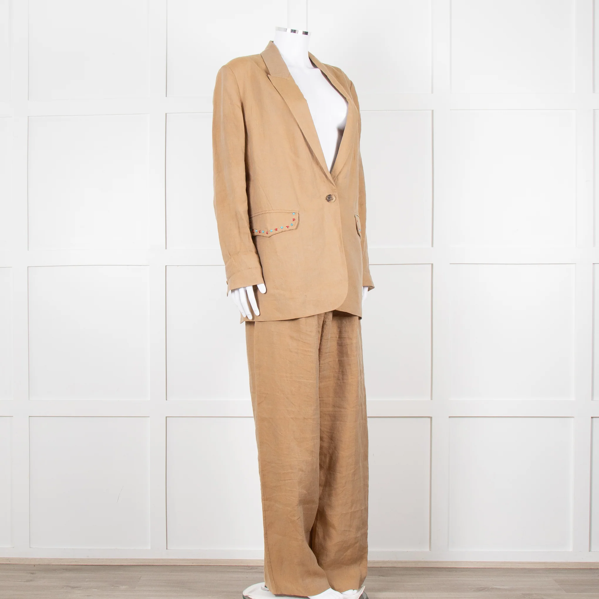 Mes Demoiselles Khaki Woven Straight Fit Blazer with Crystal Studs - Image 3