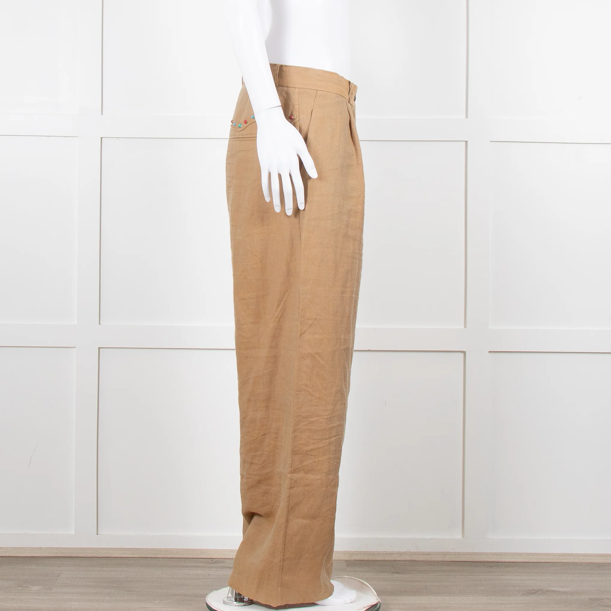 Mes Demoiselles Khaki Woven Straight Fit Trousers with Crystal Studs - Image 4